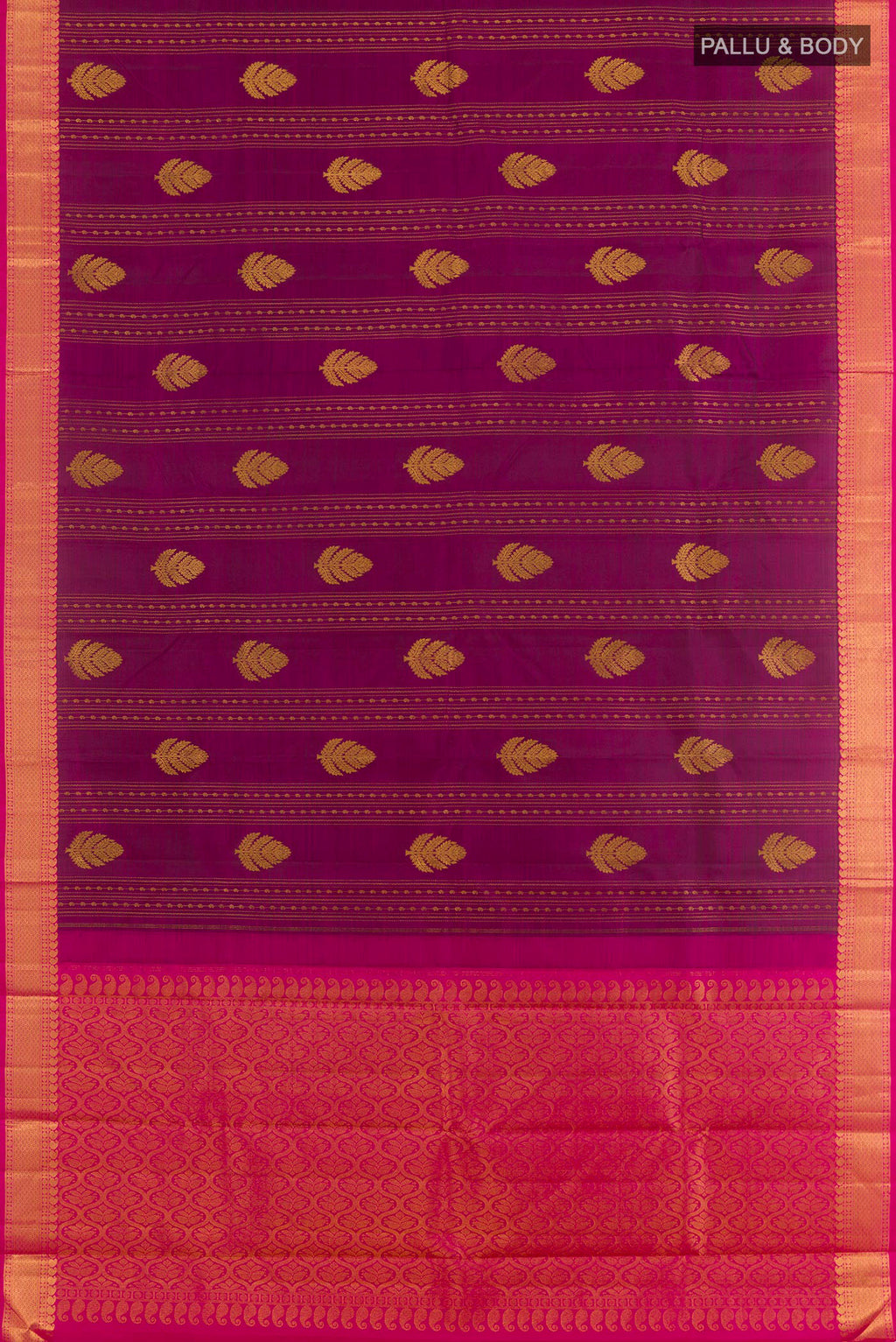 Flat view of Purple Kanjivaram Silk Saree with Zari Butta on the body and Zari Border. 