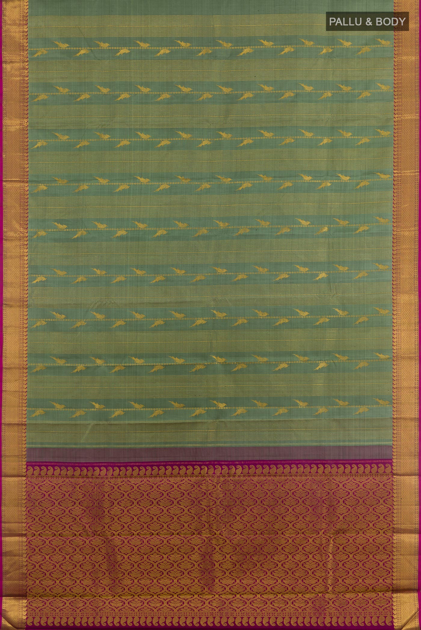 Flat view of Davys Grey Kanjivaram Silk Saree with Zari Brocade on the body and Zari Border. 