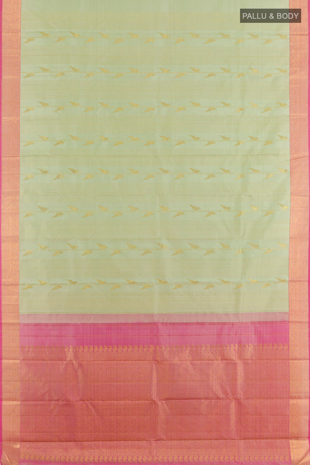 Flat view of Mint Green Kanjivaram Silk Saree with Zari Butta on the body and Zari Border. 