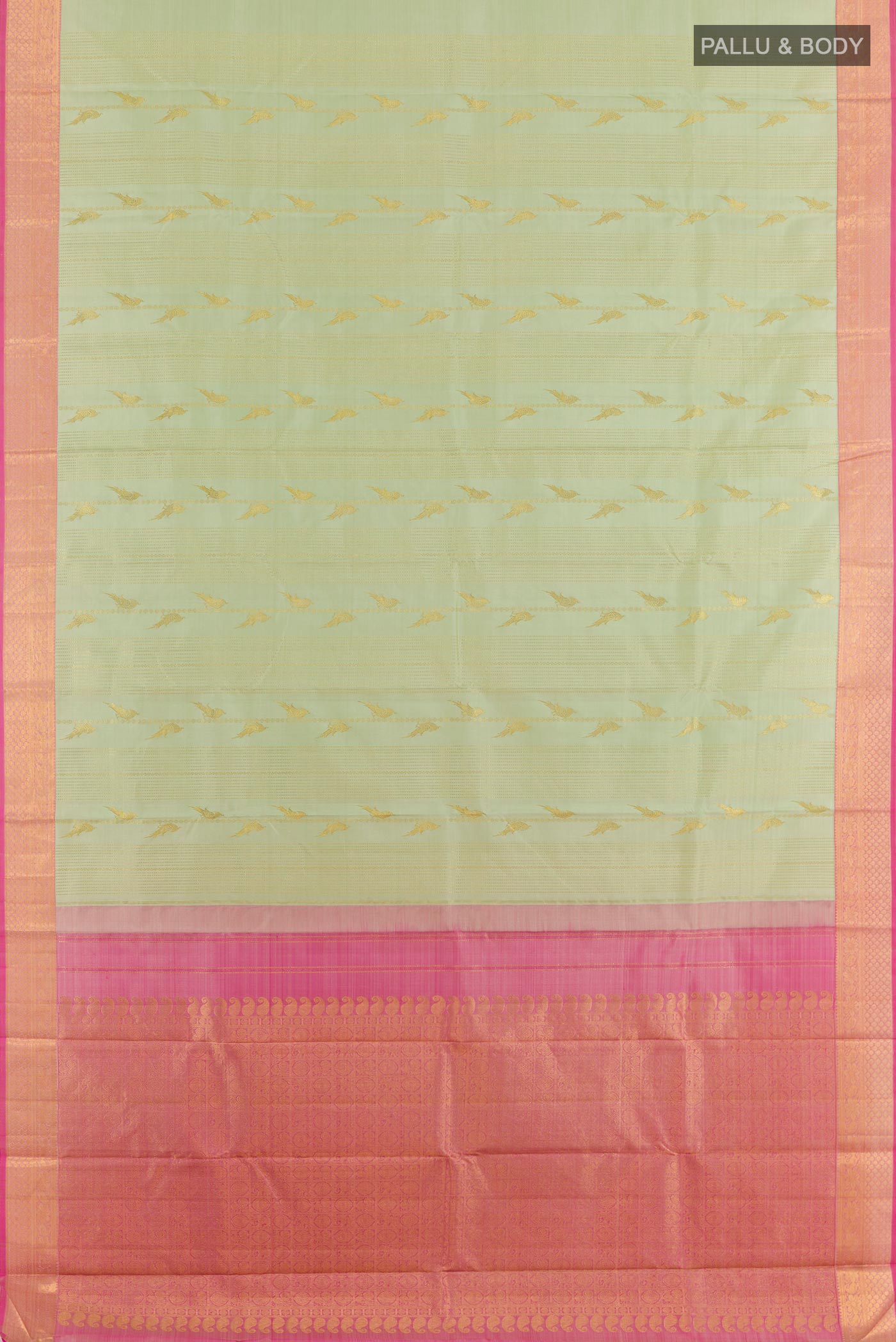 Flat view of Mint Green Kanjivaram Silk Saree with Zari Butta on the body and Zari Border. 