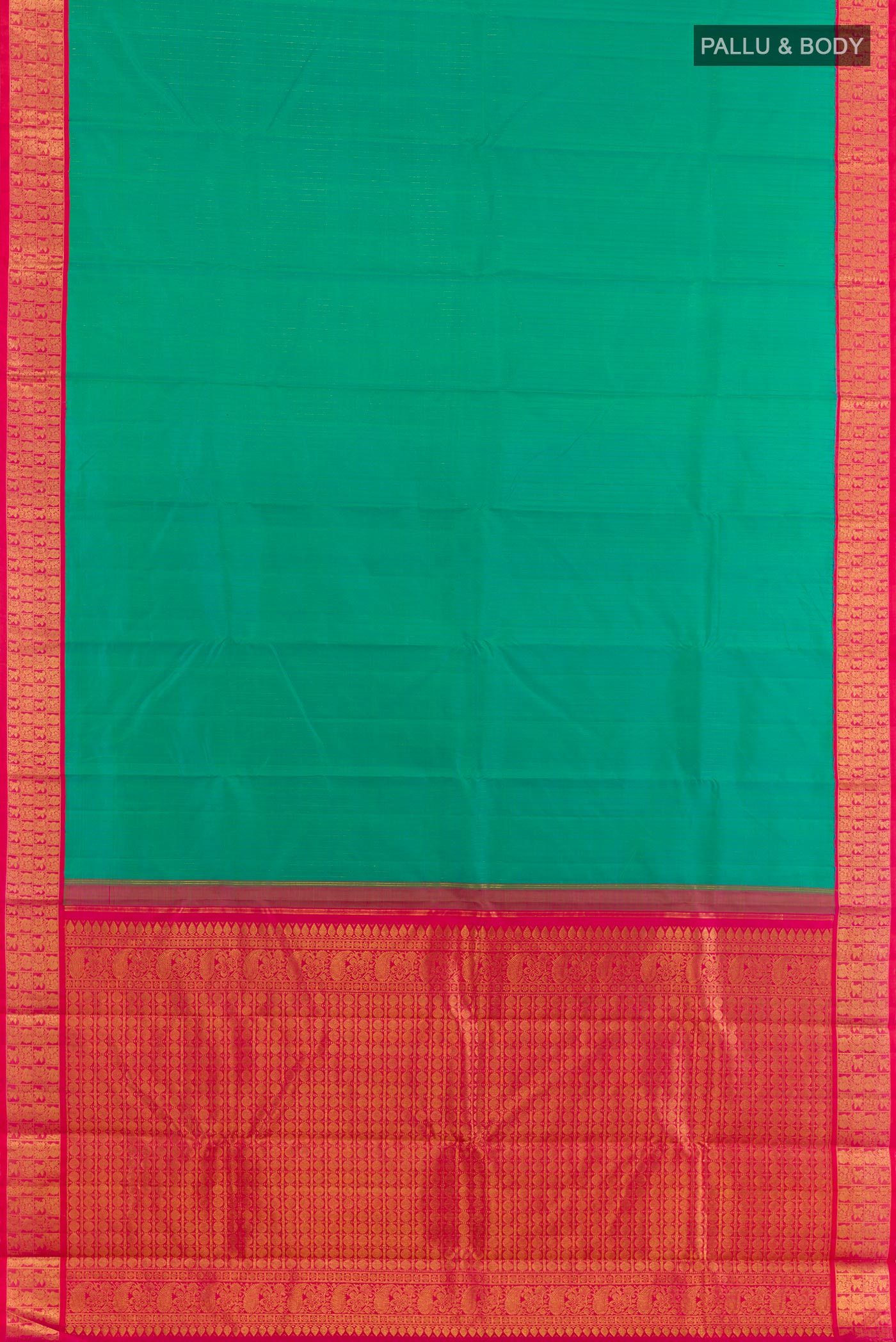 Flat view of Green Kanjivaram Silk Saree with Stripes on the body and Zari Border. 