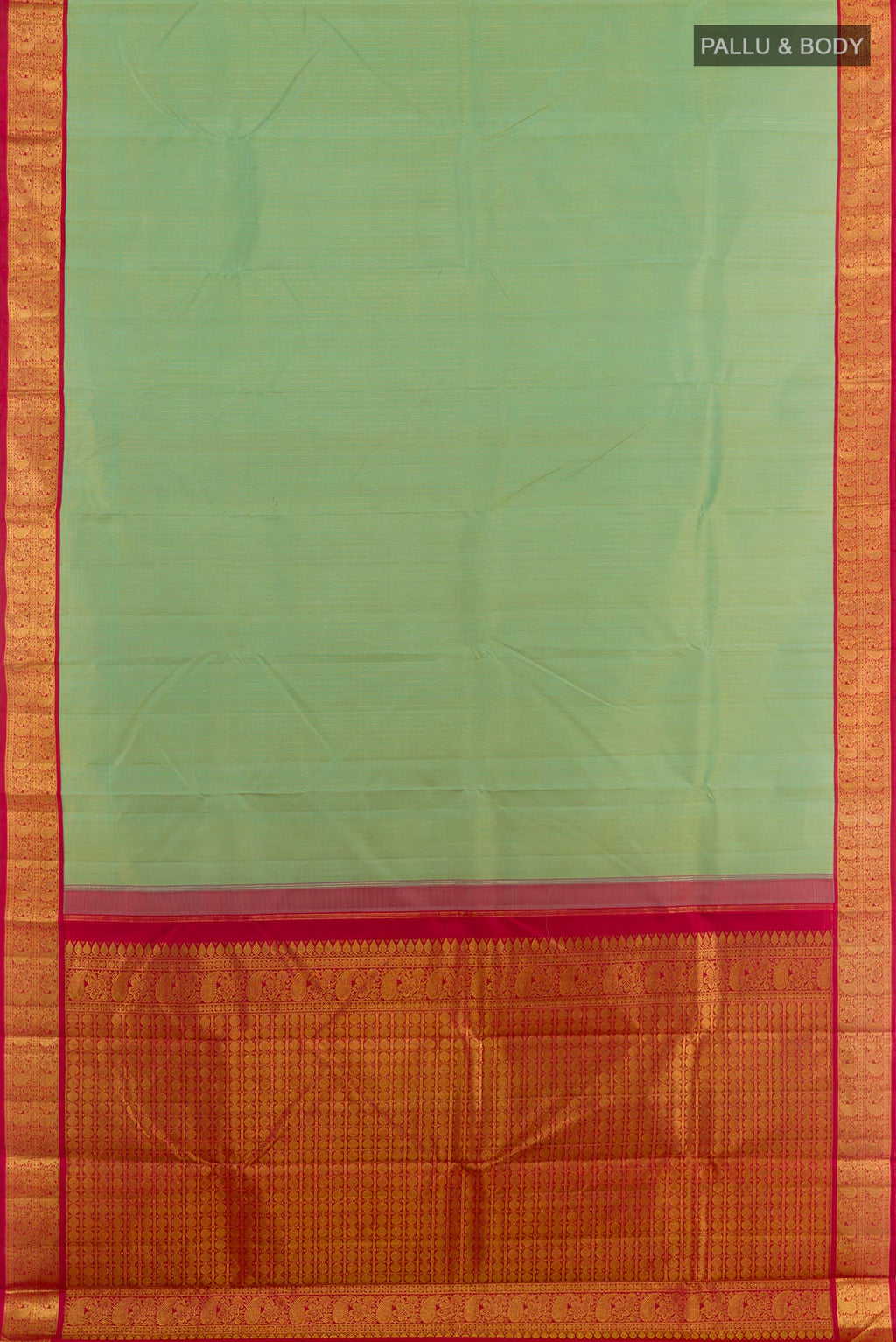 Flat view of Mint Green Kanjivaram Silk Saree with Zari Butta on the body and Zari Border. 