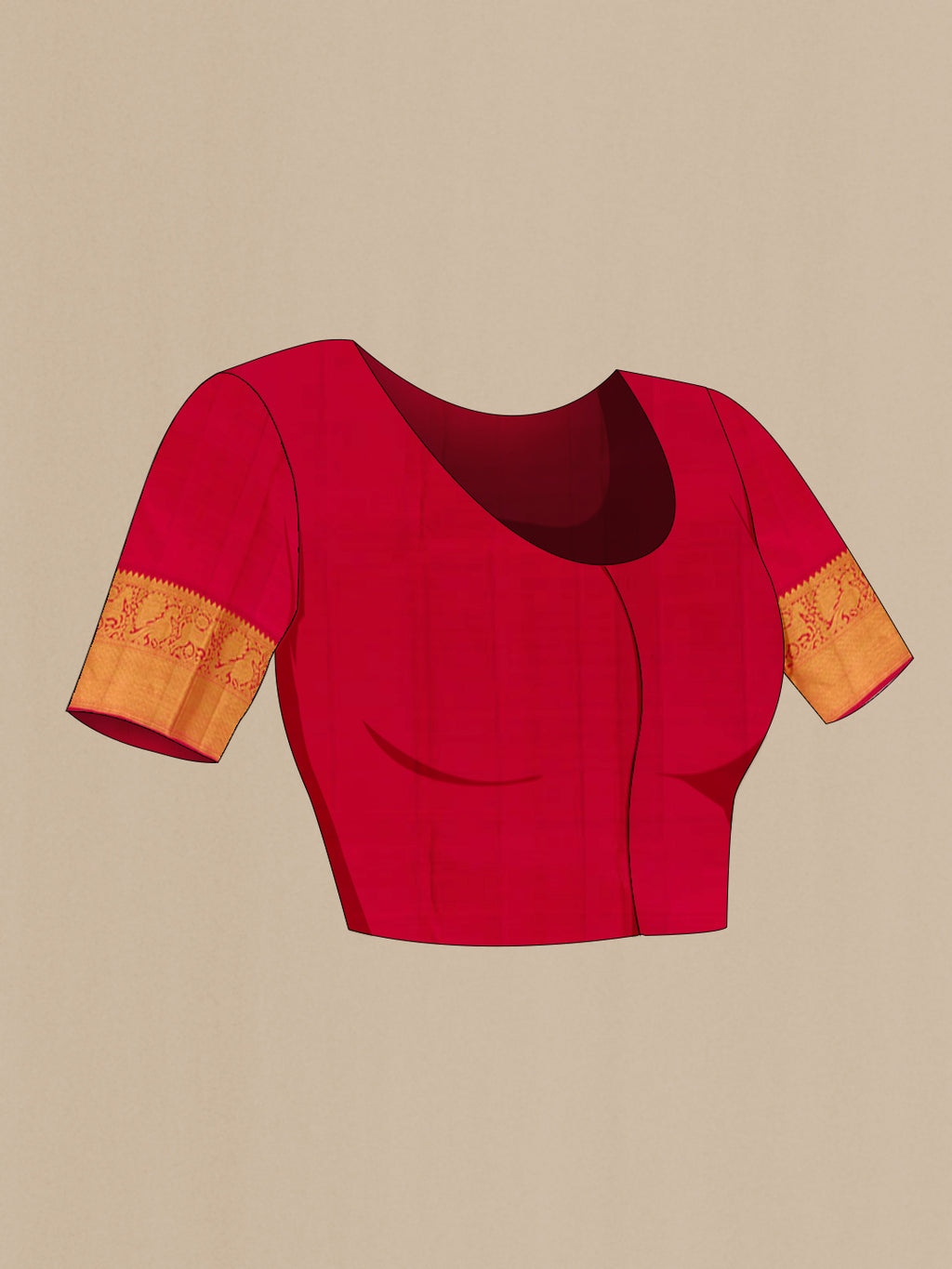 Close up image of the blouse of Red Kanjivaram Silk Saree with Jacquard With Zari Butta on the body and Zari Border. 