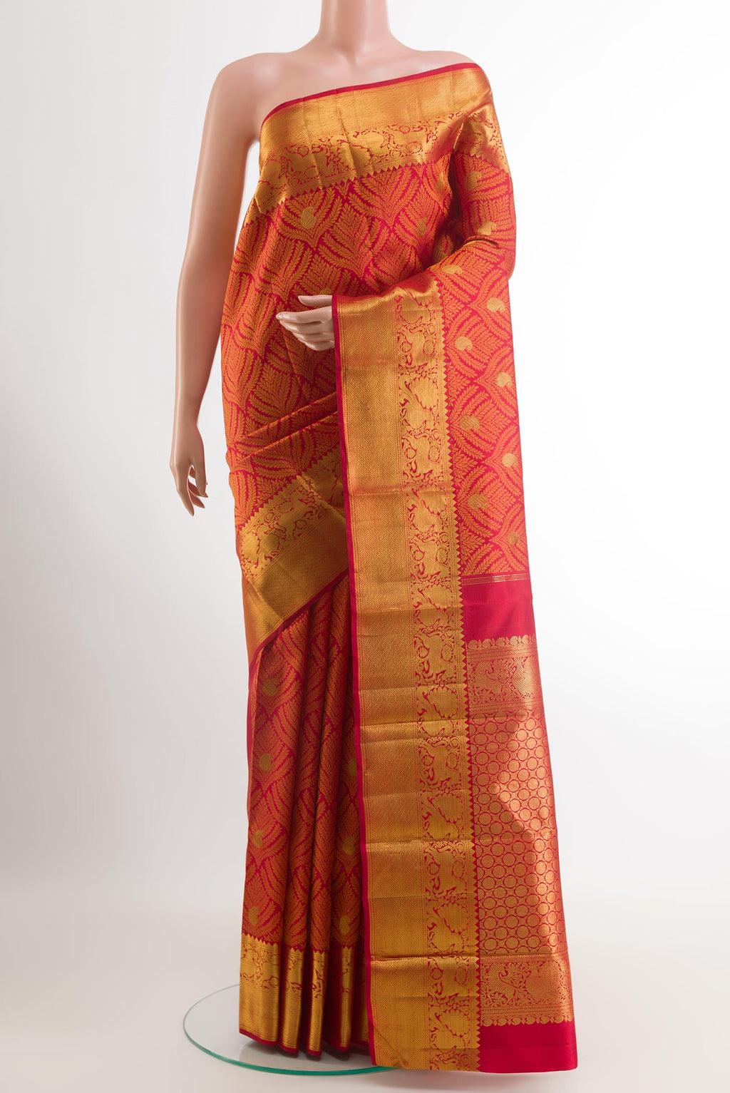 Red Kanjivaram Silk Saree with Jacquard With Zari Butta on the body and Zari Border.  displayed on a mannequin