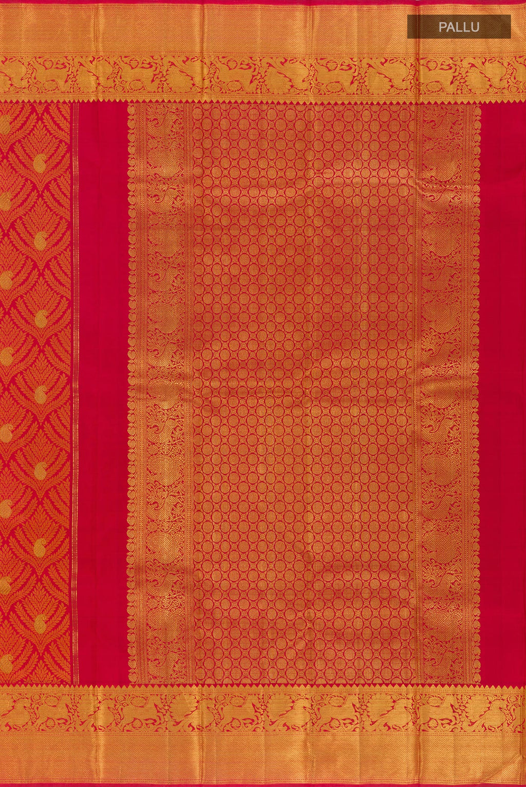 Close up image of the pallu of Red Kanjivaram Silk Saree with Jacquard With Zari Butta on the body and Zari Border. 