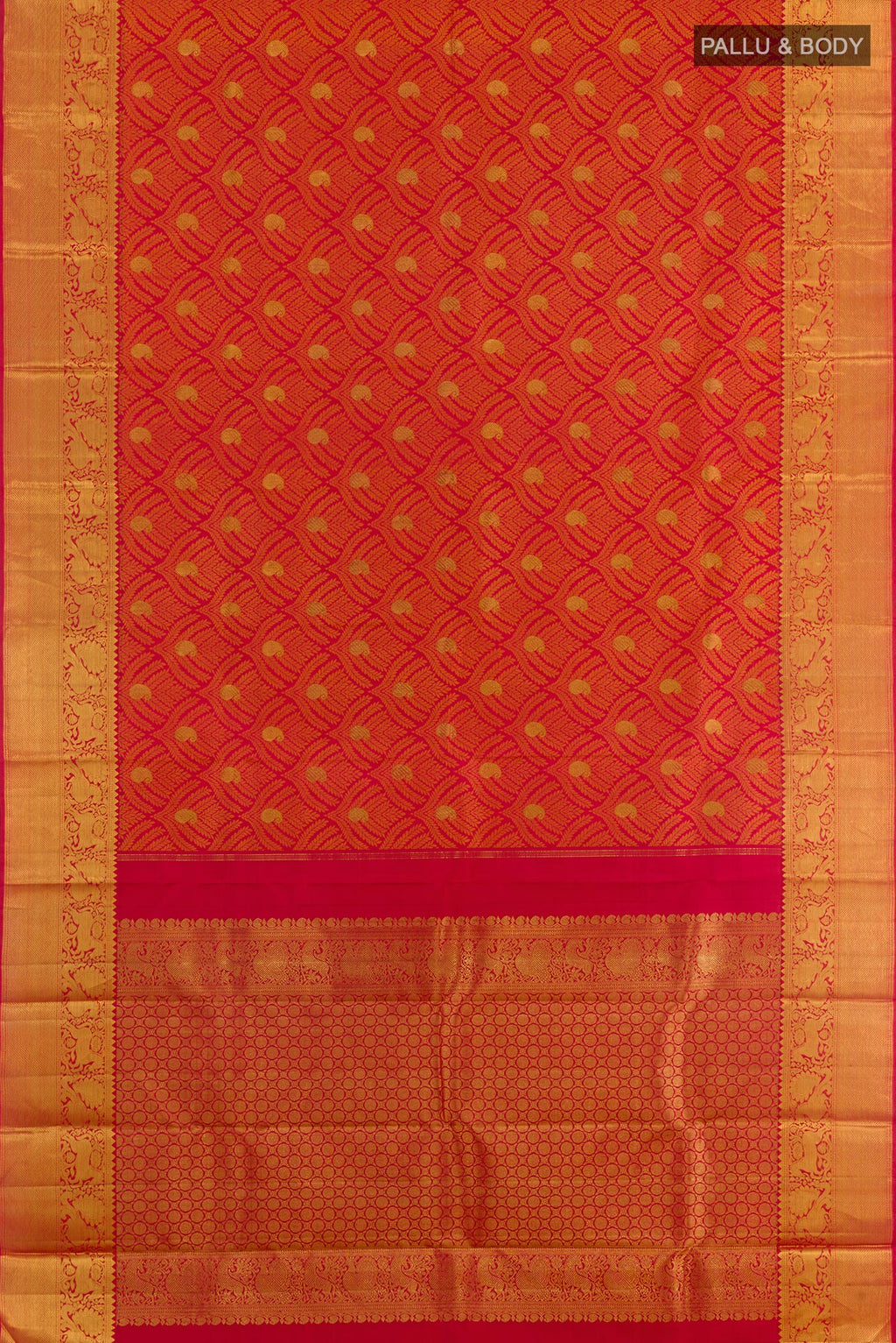 Flat view of Red Kanjivaram Silk Saree with Jacquard With Zari Butta on the body and Zari Border. 