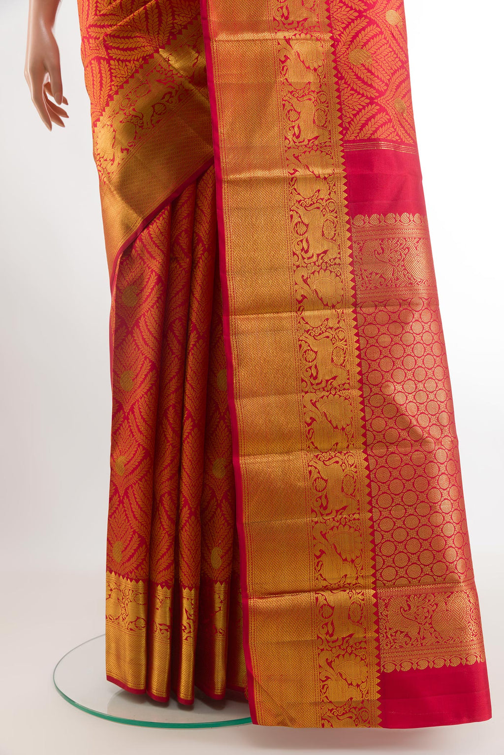 Pleats and pallu of Red Kanjivaram Silk Saree with Jacquard With Zari Butta on the body and Zari Border. 