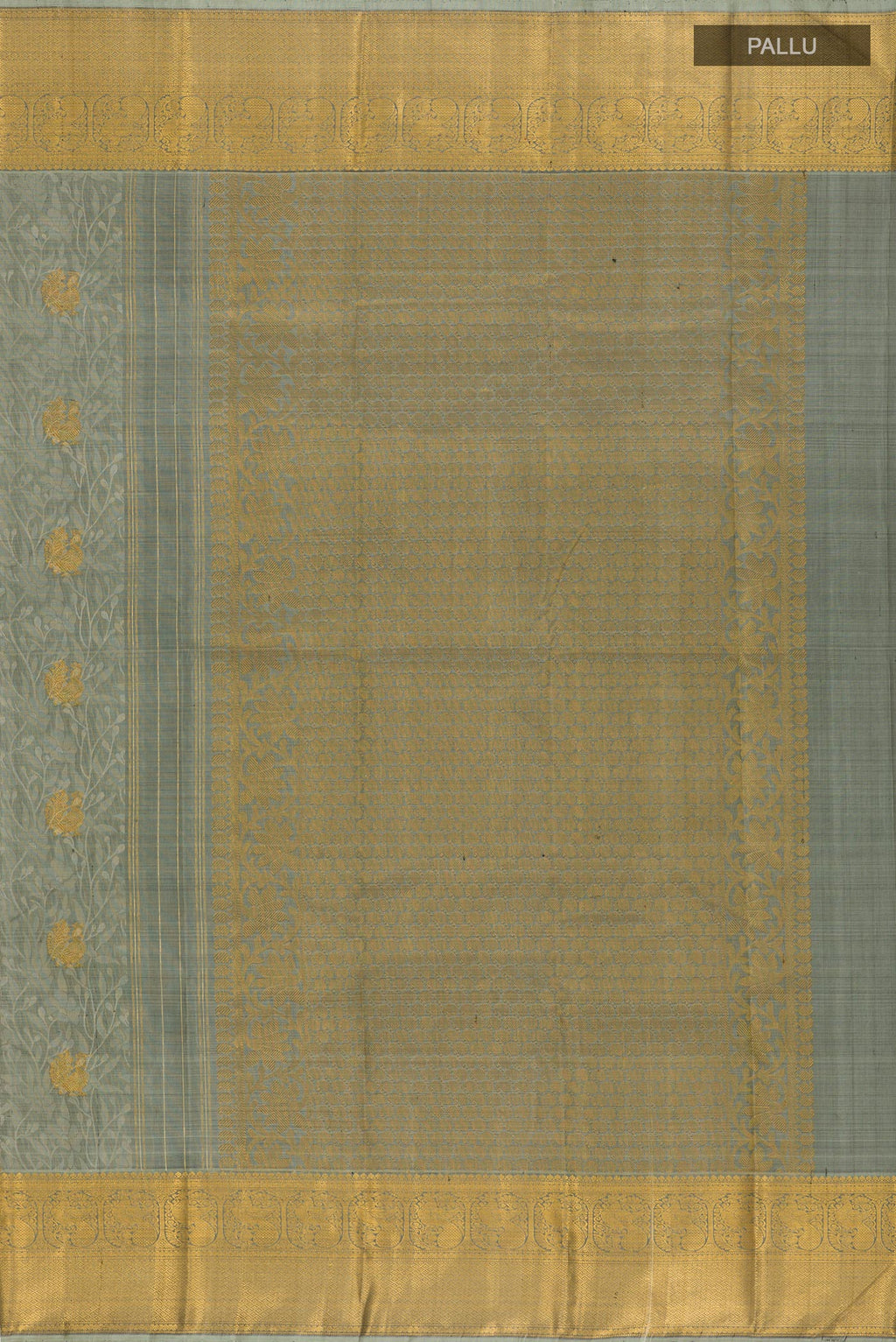 Close up image of the pallu of Grey Kanjivaram Silk Saree with Jacquard With Zari Butta on the body and Zari Border. 