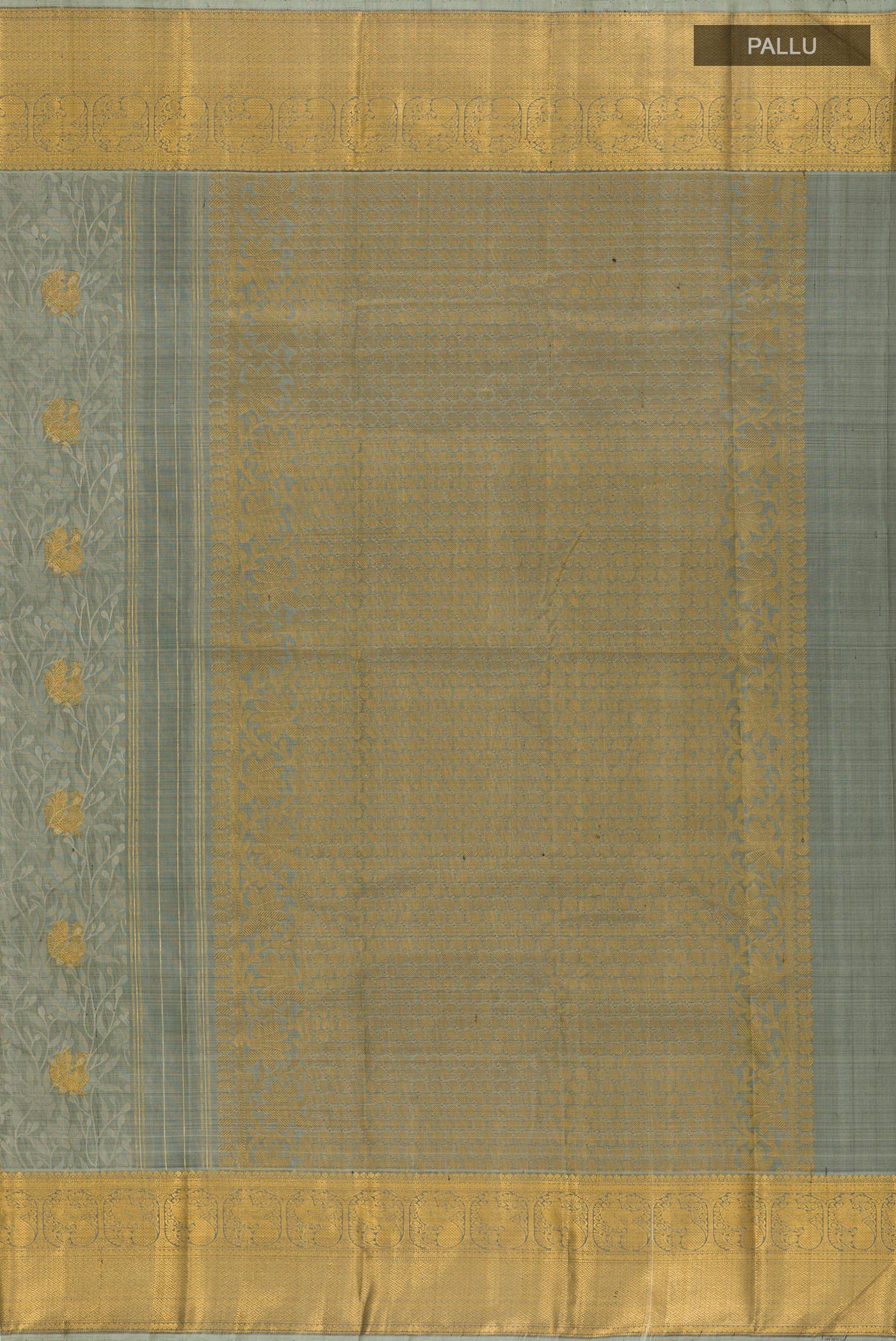 Close up image of the pallu of Grey Kanjivaram Silk Saree with Jacquard With Zari Butta on the body and Zari Border. 