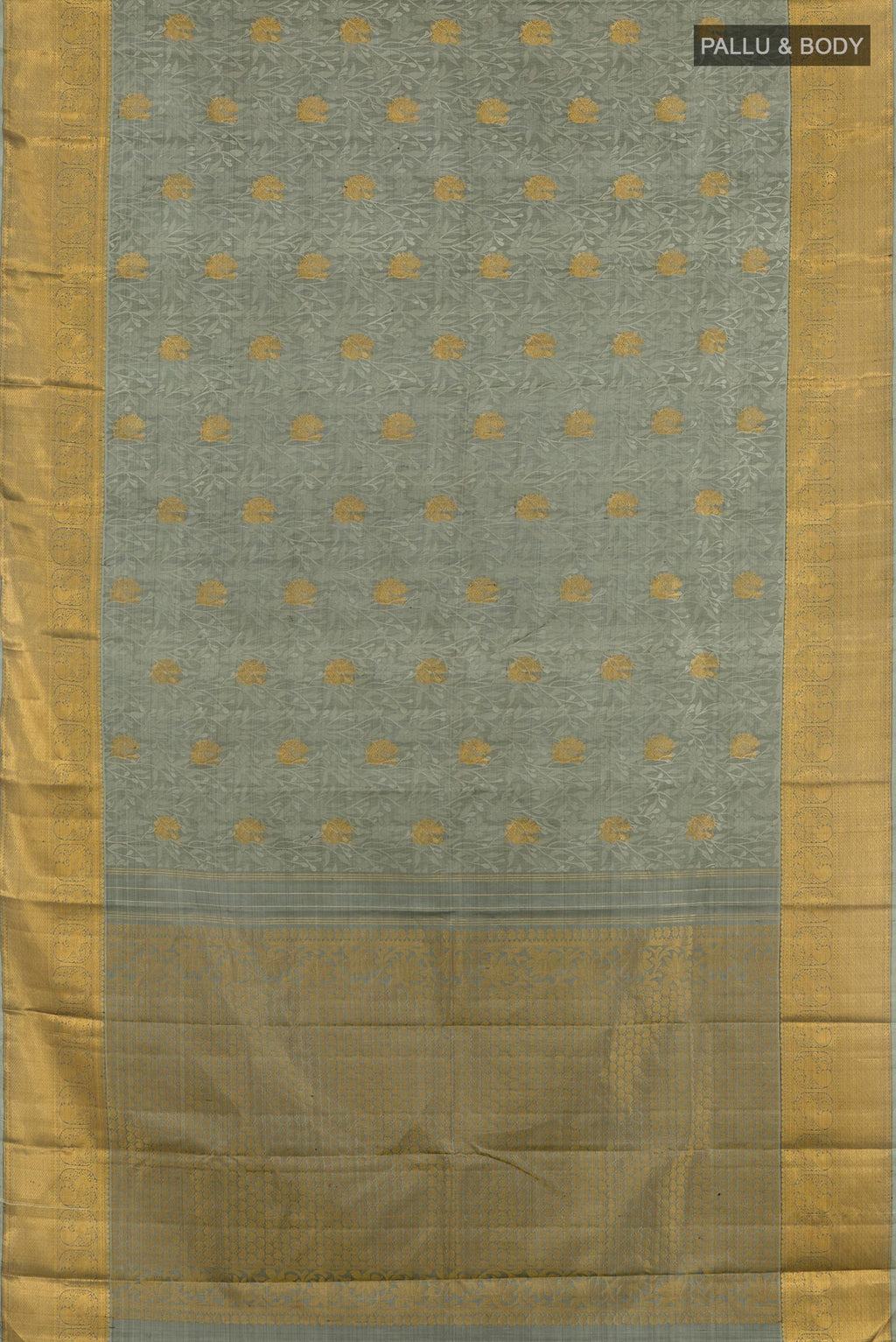 Flat view of Grey Kanjivaram Silk Saree with Jacquard With Zari Butta on the body and Zari Border. 