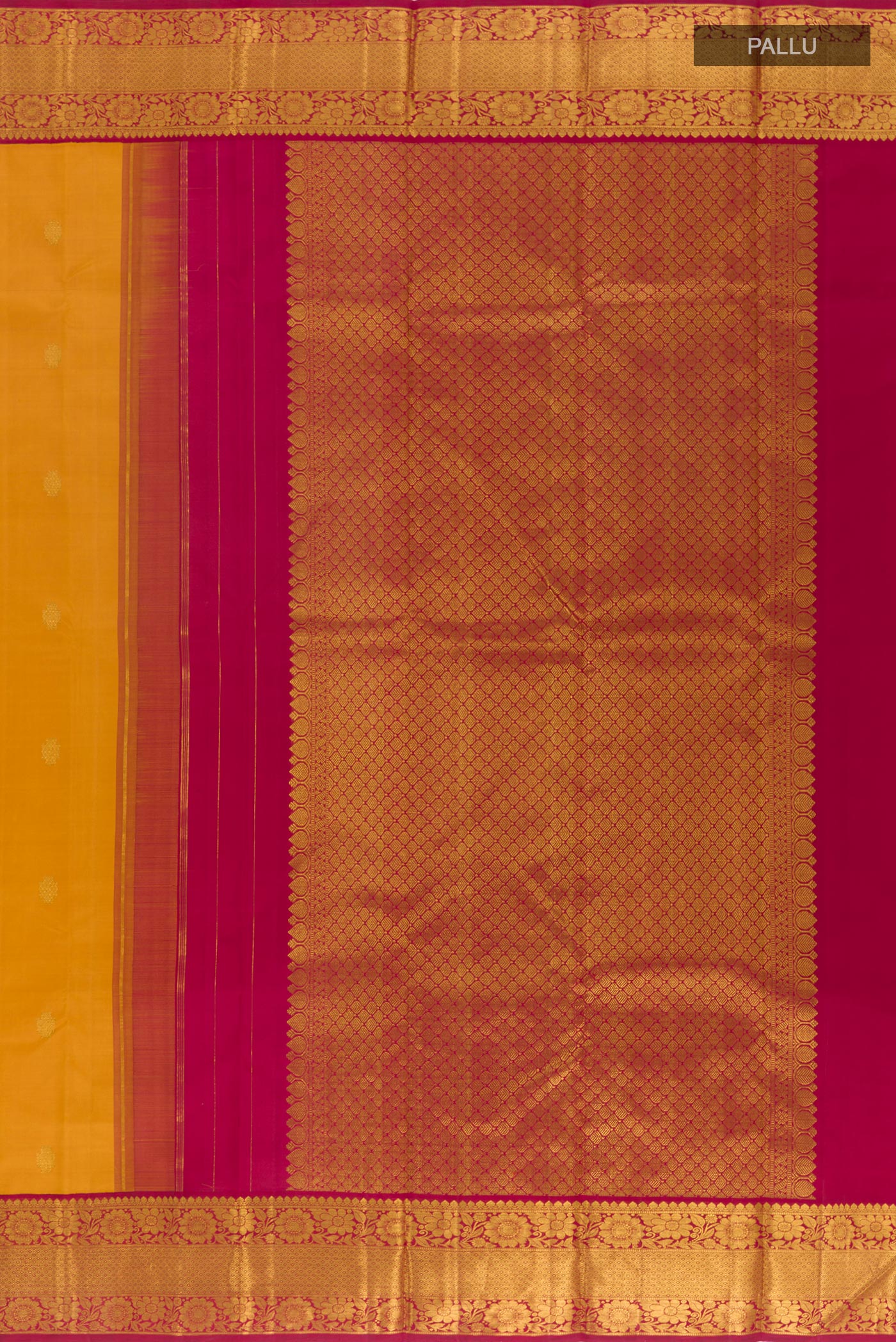 Close up image of the pallu of Mustard Kanjivaram Silk Saree with Zari Butta on the body and Zari Border. 
