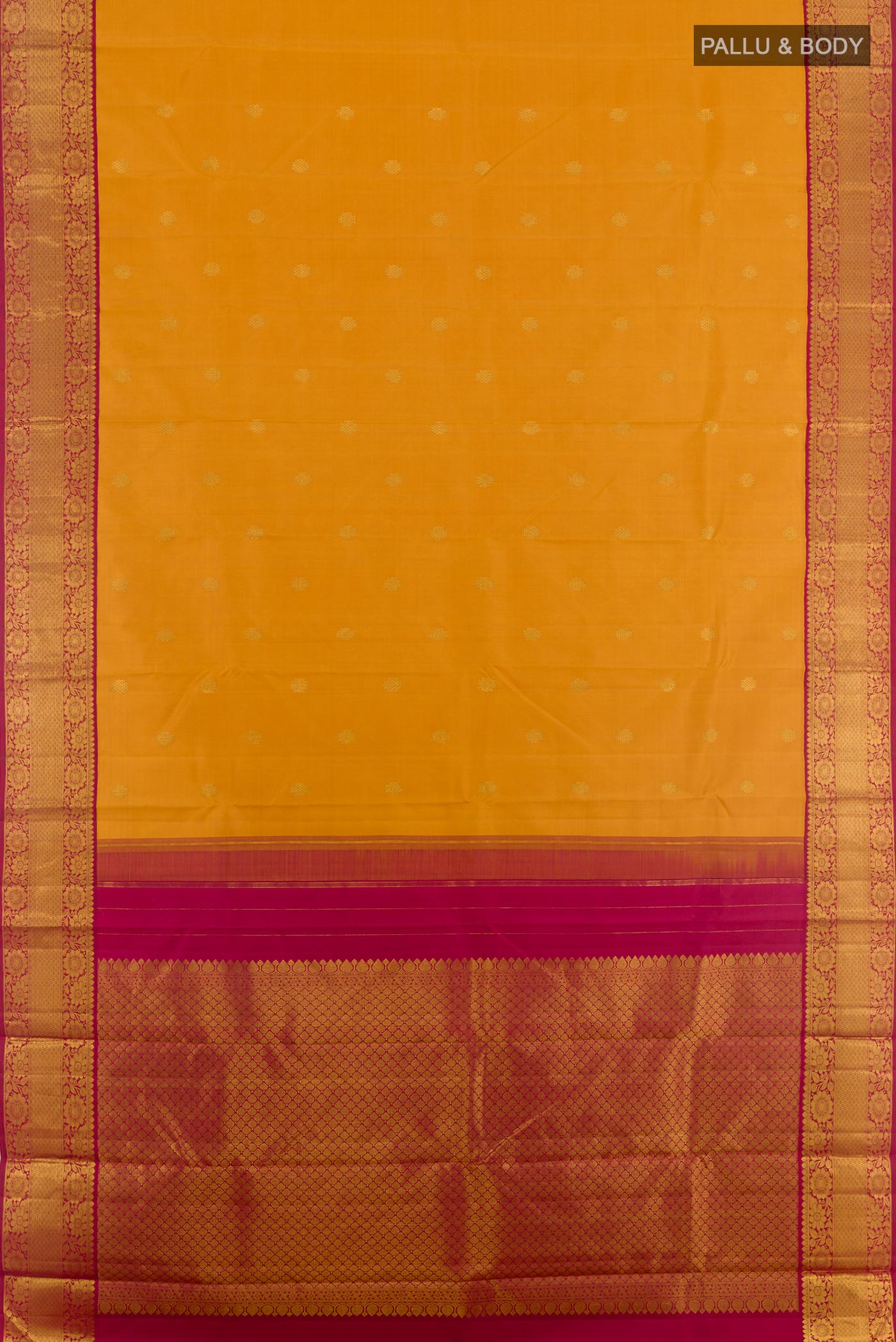 Flat view of Mustard Kanjivaram Silk Saree with Zari Butta on the body and Zari Border. 