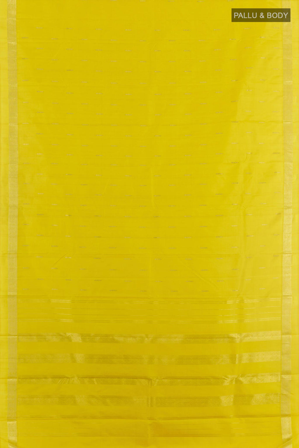 Flat view of Yellow Kanchipuram Silk Saree with Zari Butta on the body and Zari Border. 