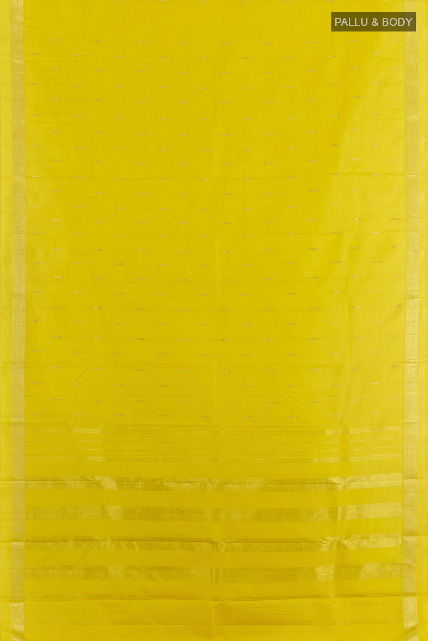 Flat view of Yellow Kanchipuram Silk Saree with Zari Butta on the body and Zari Border. 