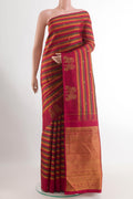 Multi Color Kanchipuram Silk Saree with Stripes on the body and Zari Border.  displayed on a mannequin