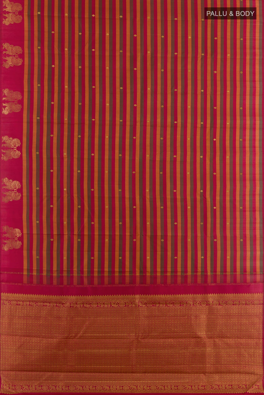Flat view of Multi Color Kanchipuram Silk Saree with Stripes on the body and Zari Border. 
