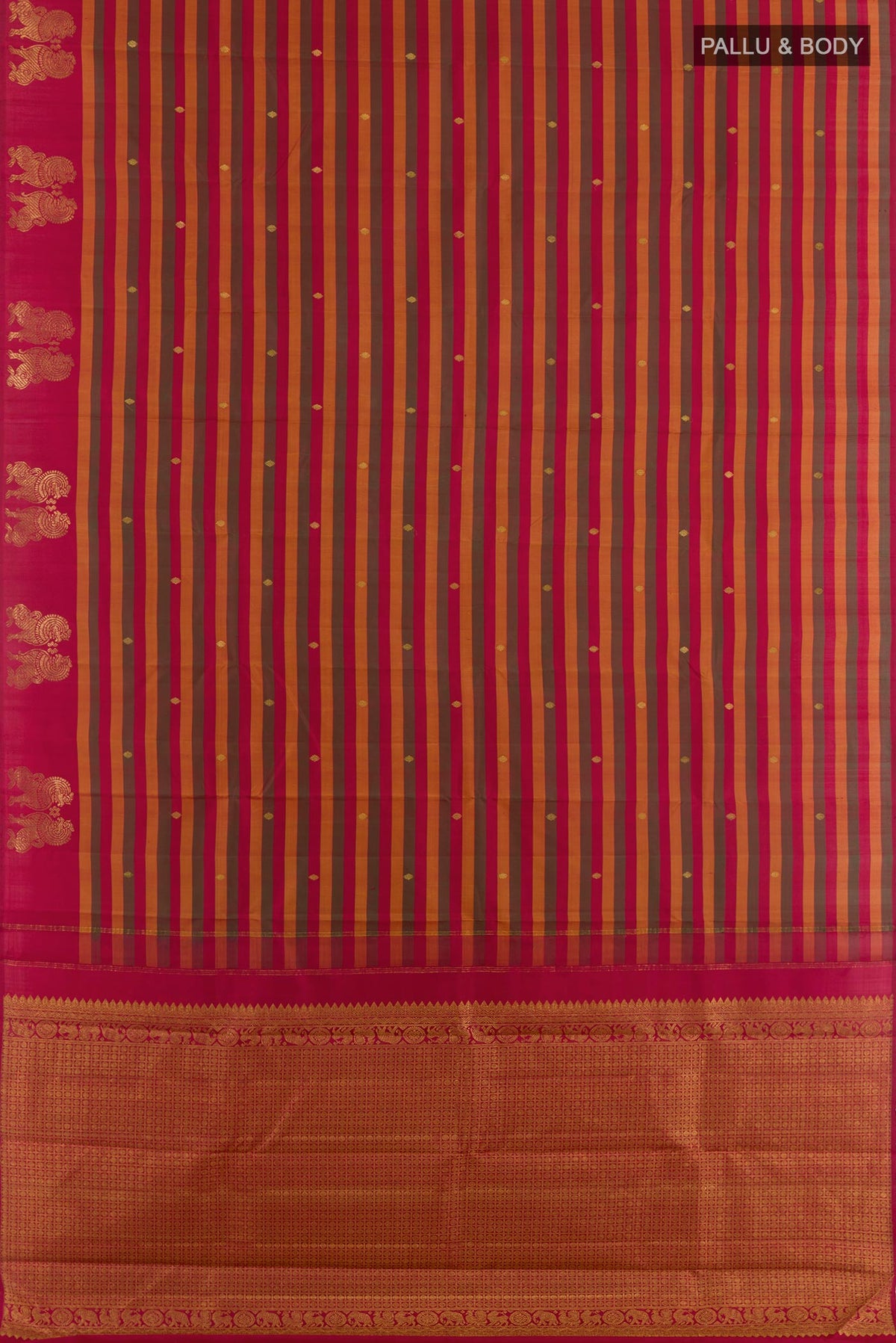 Flat view of Multi Color Kanchipuram Silk Saree with Stripes on the body and Zari Border. 