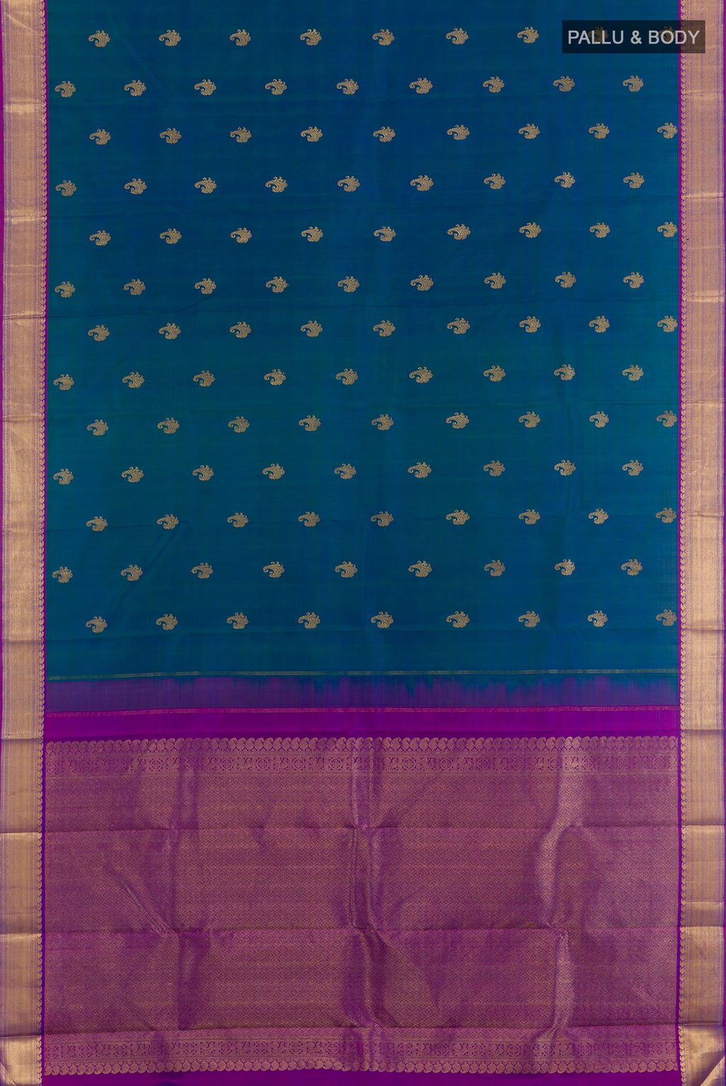 Flat view of Peacock Blue Kanjivaram Silk Saree with Zari Butta on the body and Zari Border. 