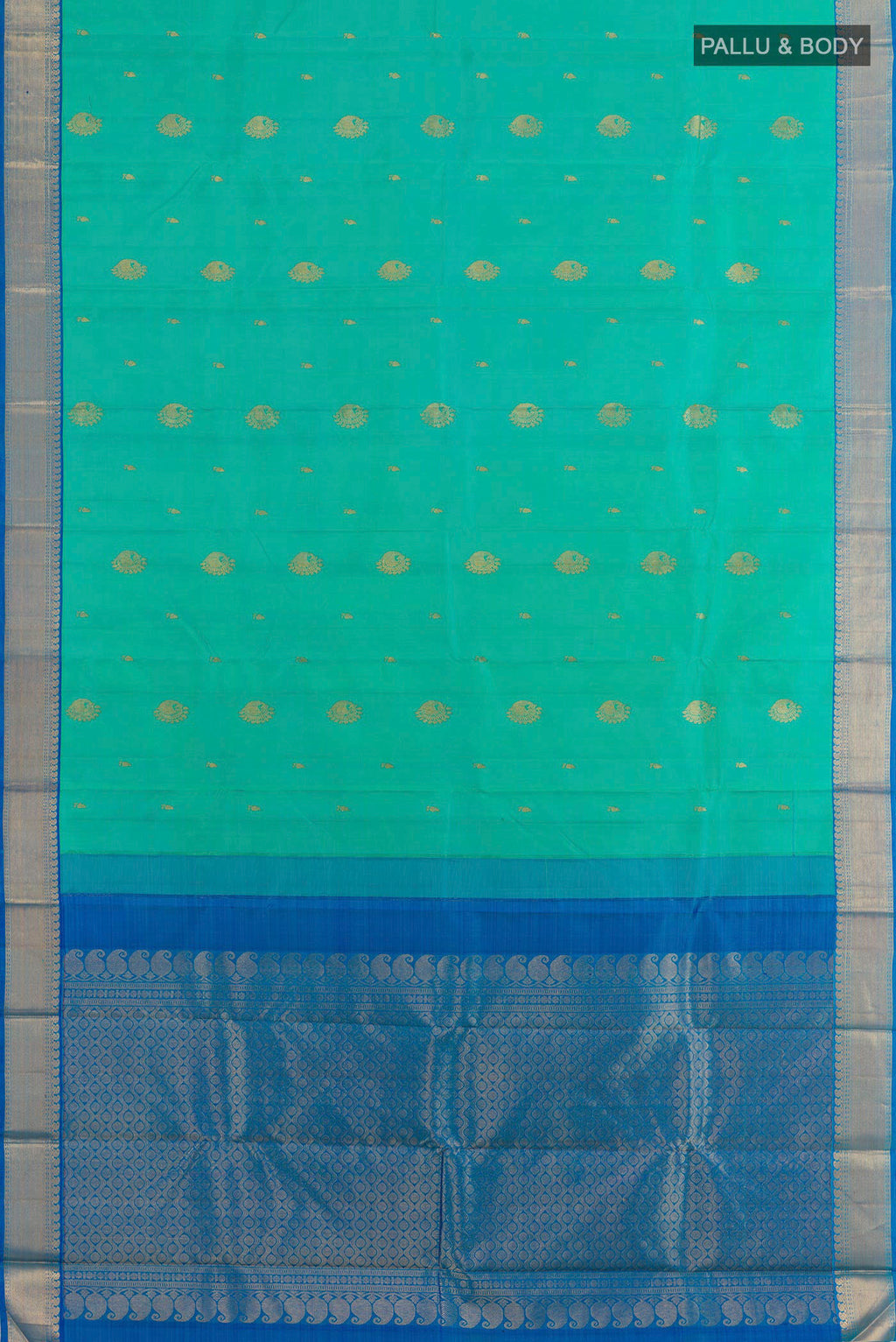 Flat view of Sea Green Kanjivaram Silk Saree with Zari Butta on the body and Zari Border. 