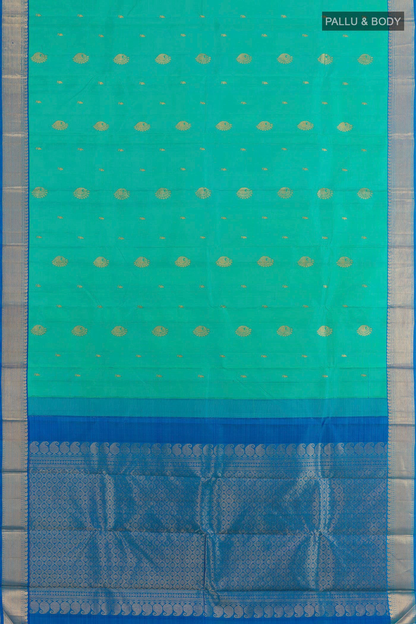 Flat view of Sea Green Kanjivaram Silk Saree with Zari Butta on the body and Zari Border. 