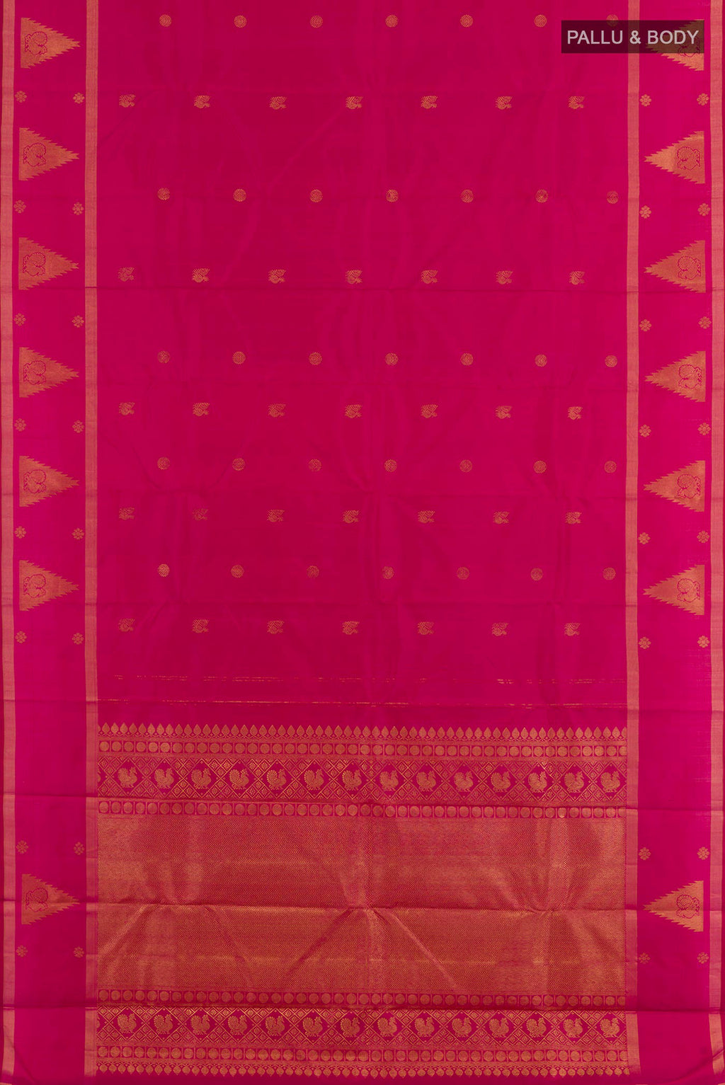 Flat view of Pink Kanjivaram Silk Saree with Zari Butta on the body and Zari Border. 