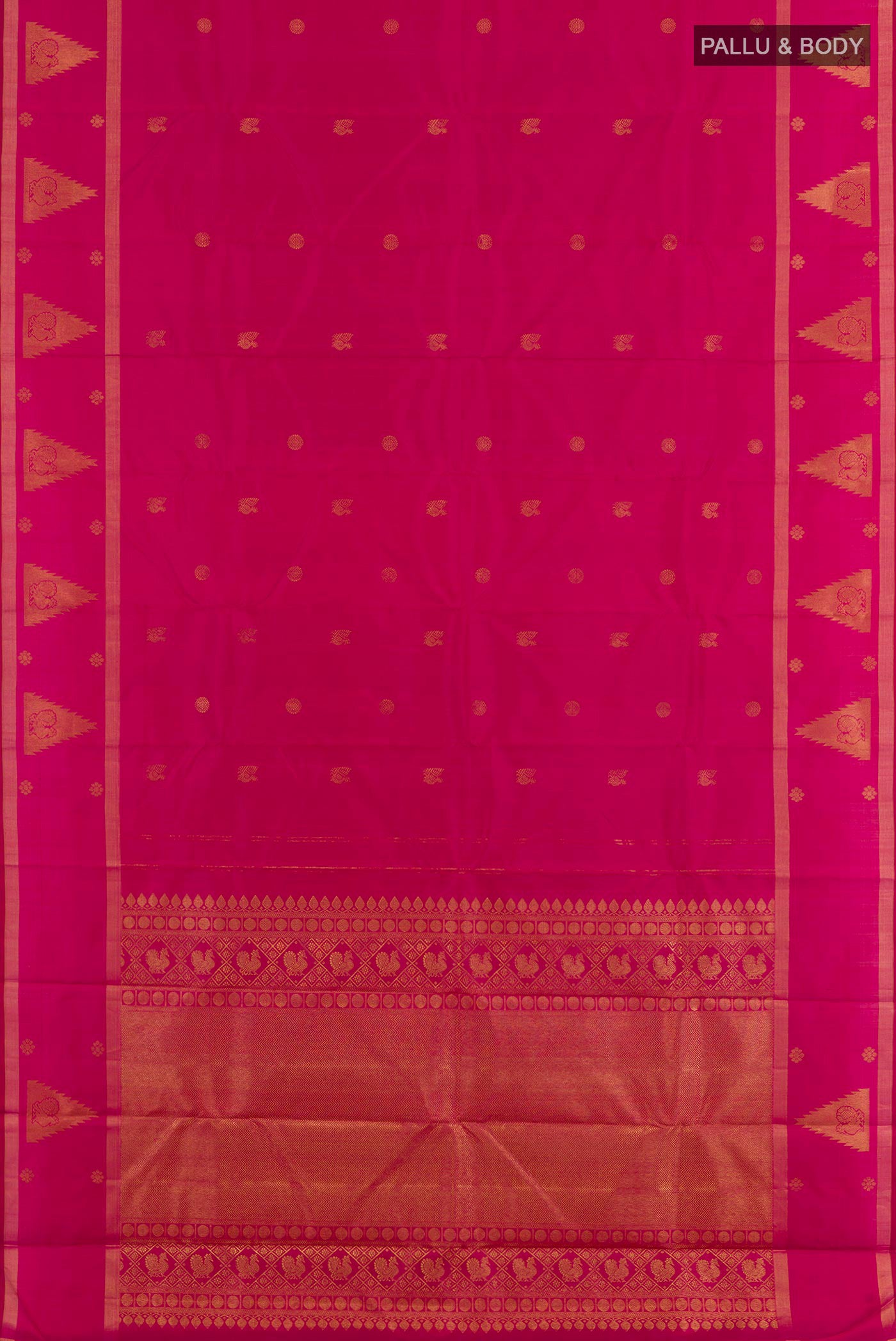Flat view of Pink Kanjivaram Silk Saree with Zari Butta on the body and Zari Border. 