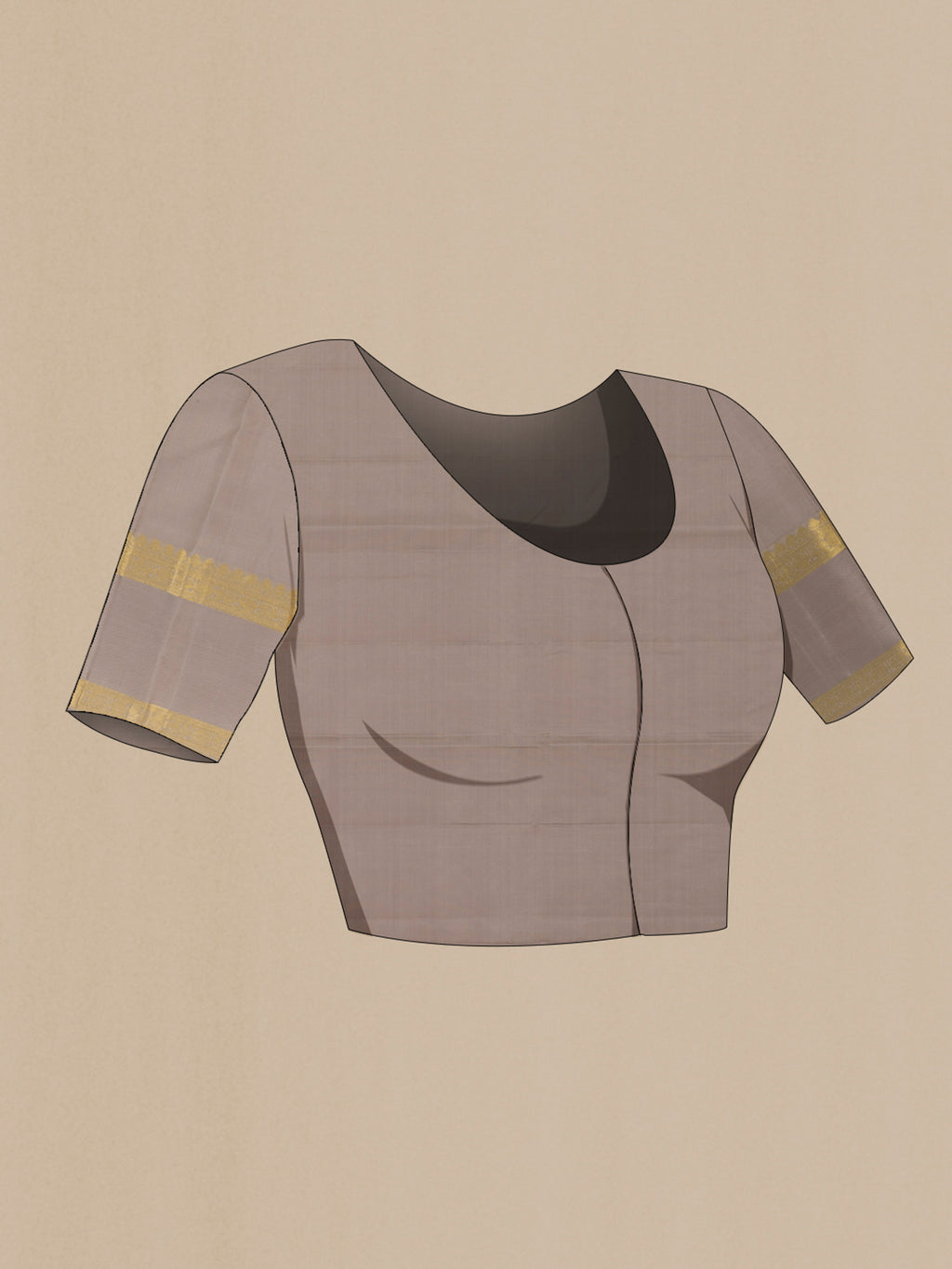 Close up image of the blouse of Grey Kanjivaram Silk Saree with Zari Butta on the body and Zari Border. 
