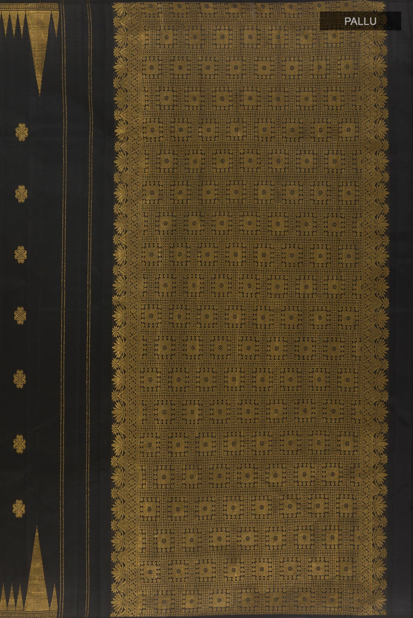 Close up image of the pallu of Black Kanjivaram Silk Saree with Zari Butta on the body and Zari Border. 
