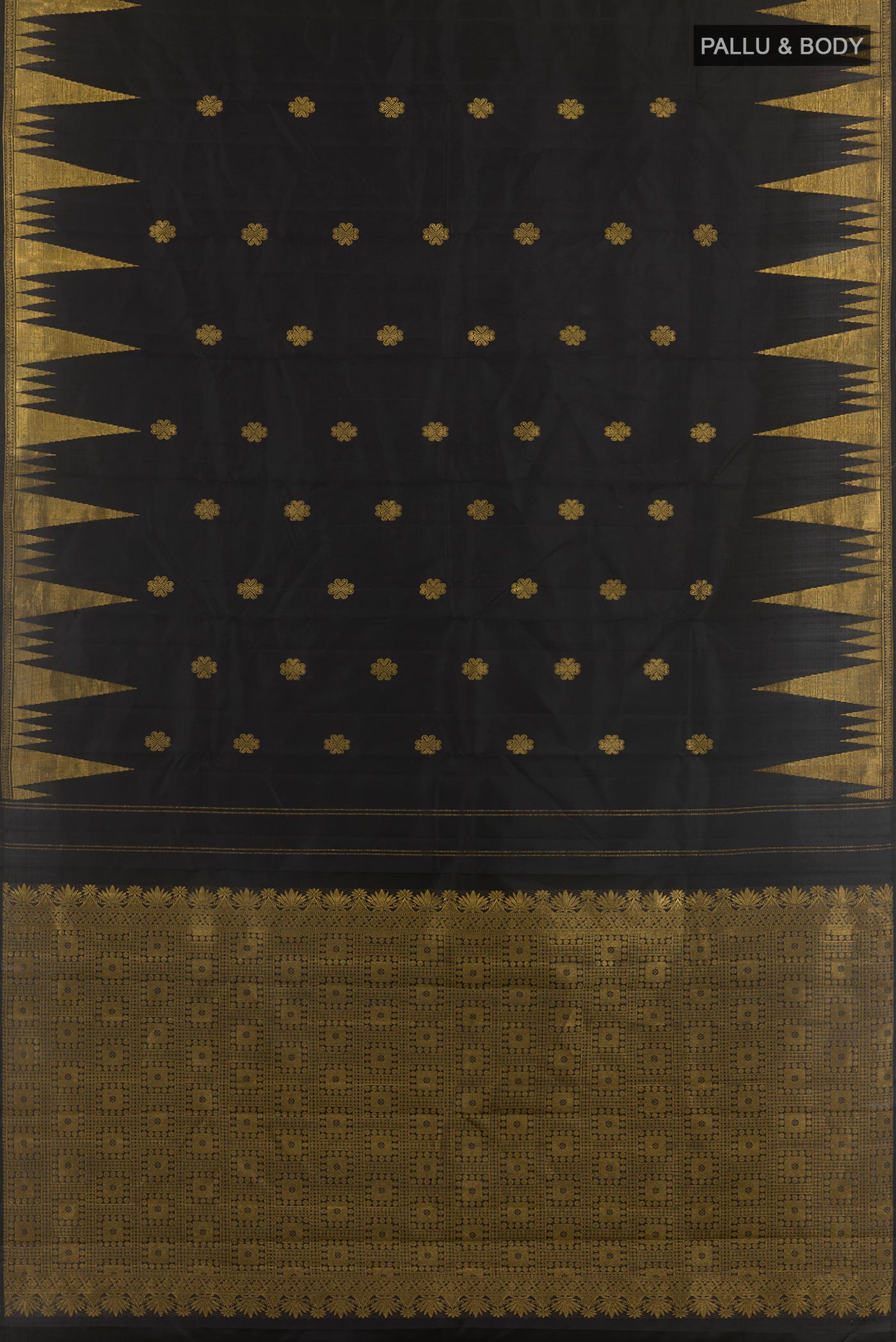 Flat view of Black Kanjivaram Silk Saree with Zari Butta on the body and Zari Border. 
