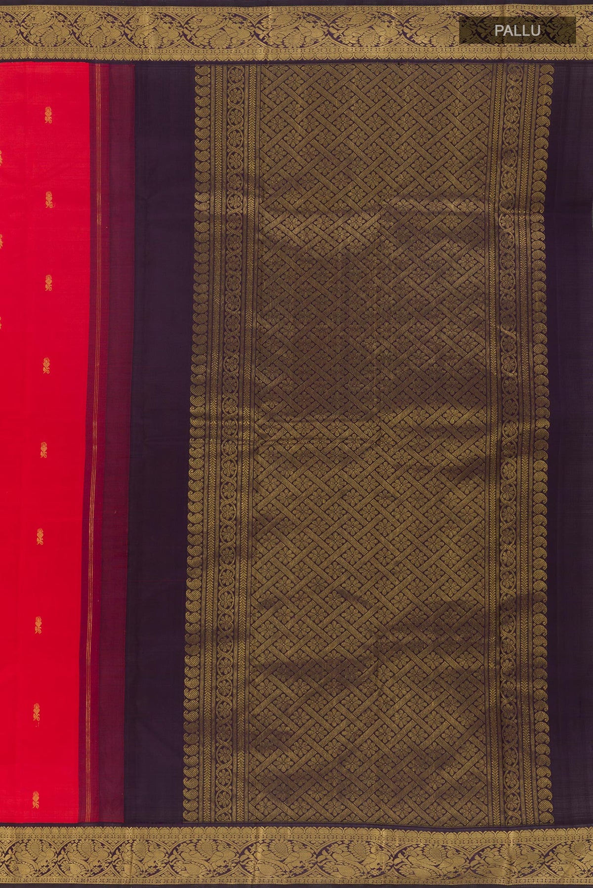 Close up image of the pallu of Red Kanjivaram Silk Saree with Zari Butta on the body and Zari Border. 