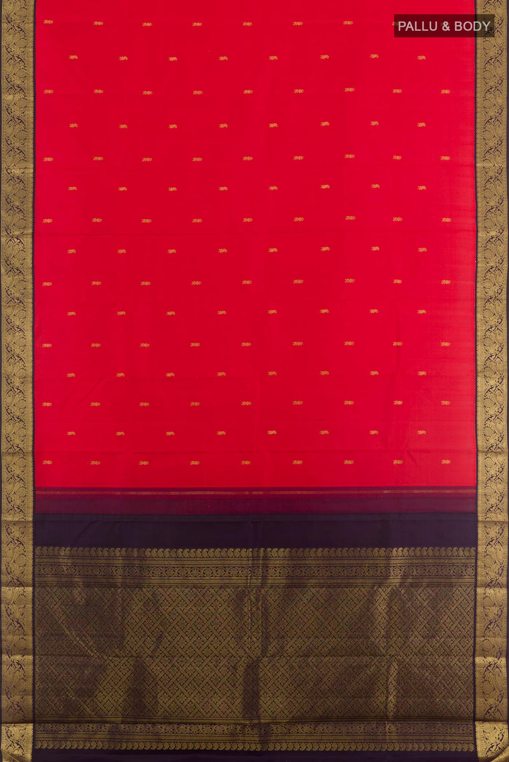 Flat view of Red Kanjivaram Silk Saree with Zari Butta on the body and Zari Border. 