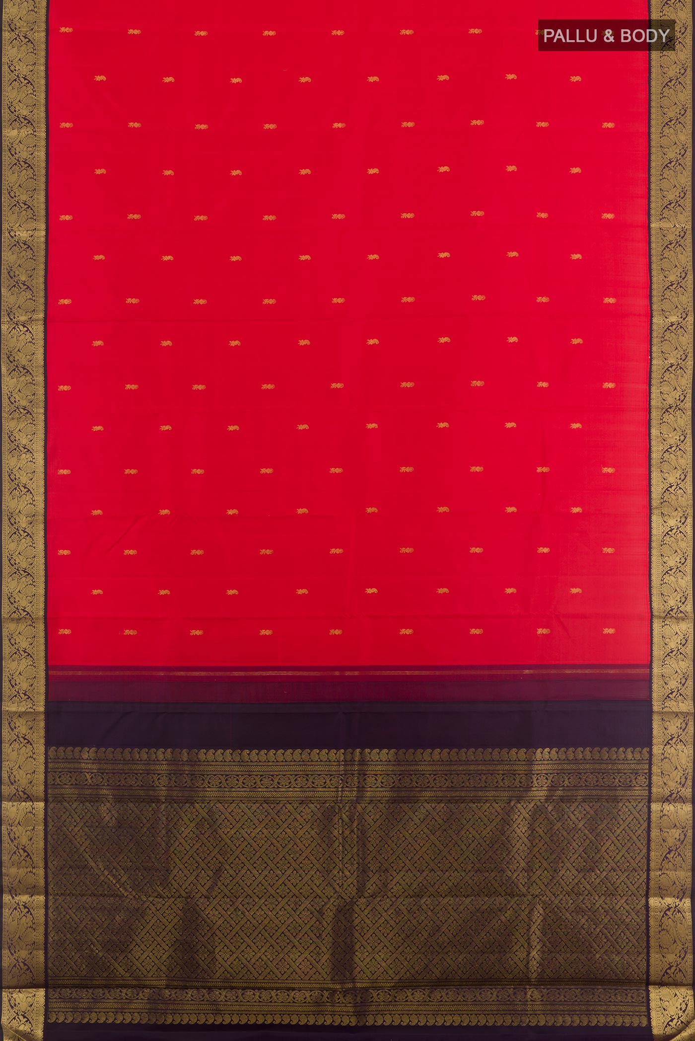 Flat view of Red Kanjivaram Silk Saree with Zari Butta on the body and Zari Border. 