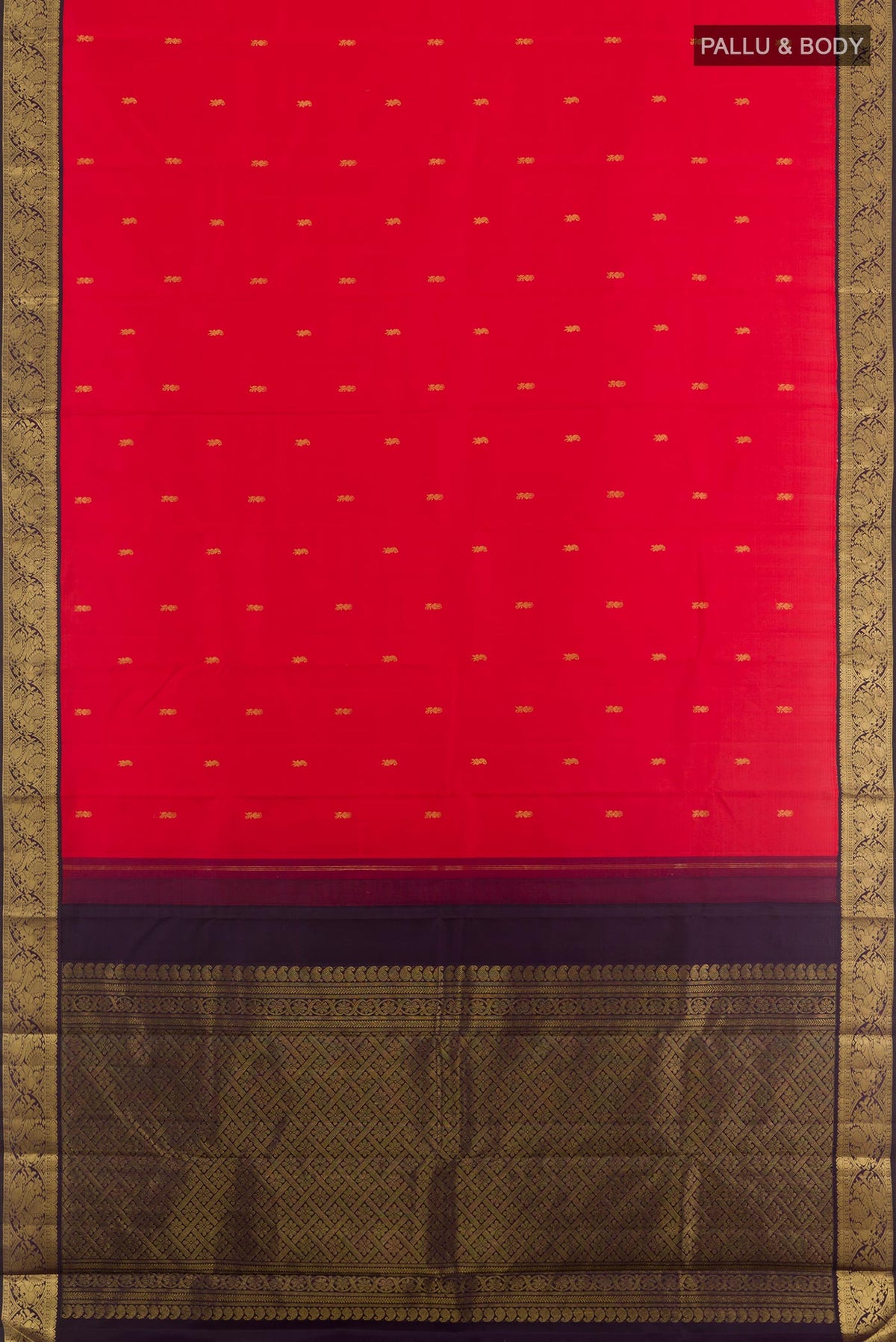 Flat view of Red Kanjivaram Silk Saree with Zari Butta on the body and Zari Border. 