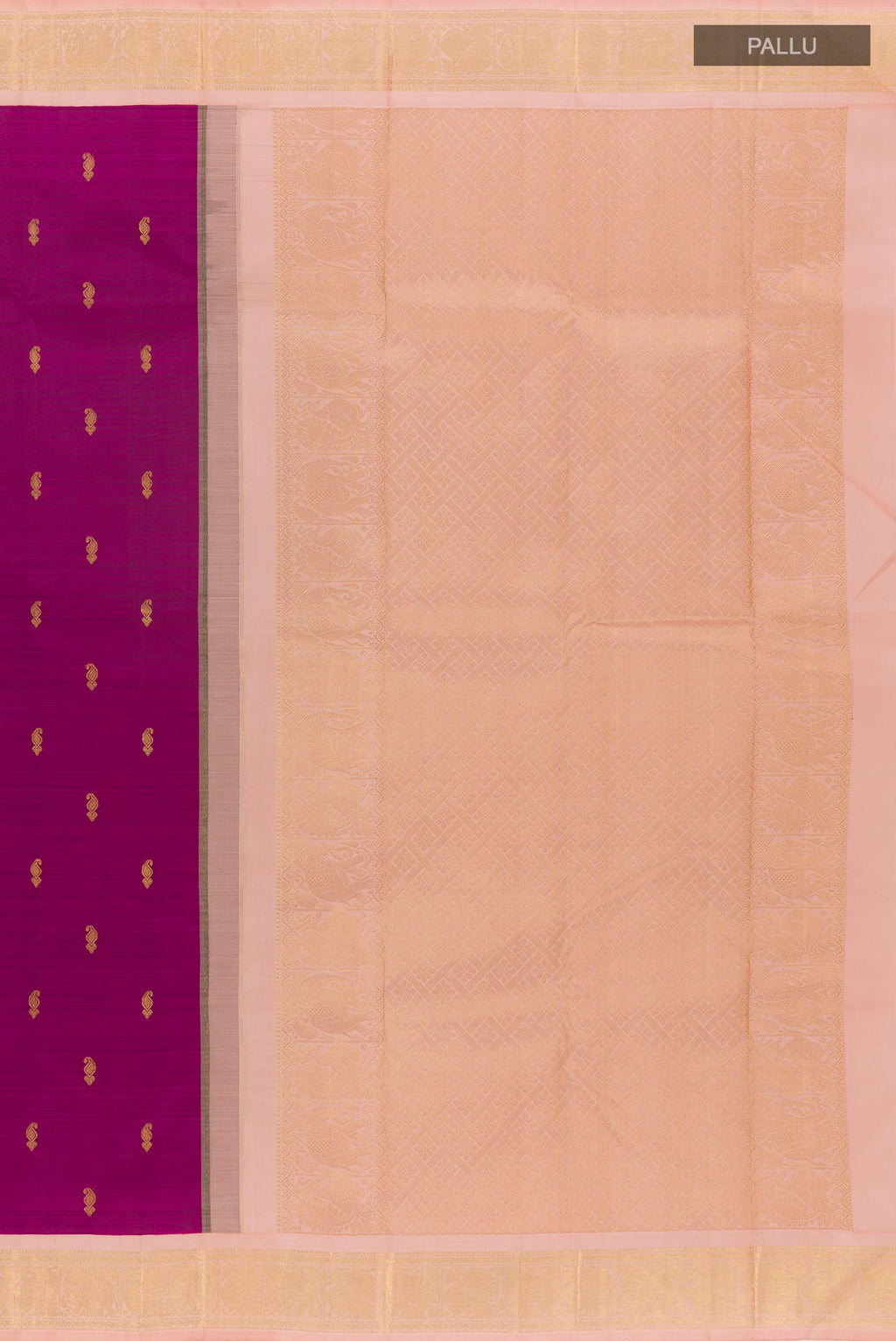 Close up image of the pallu of Purple Kanjivaram Silk Saree with Zari Butta on the body and Zari Border. 