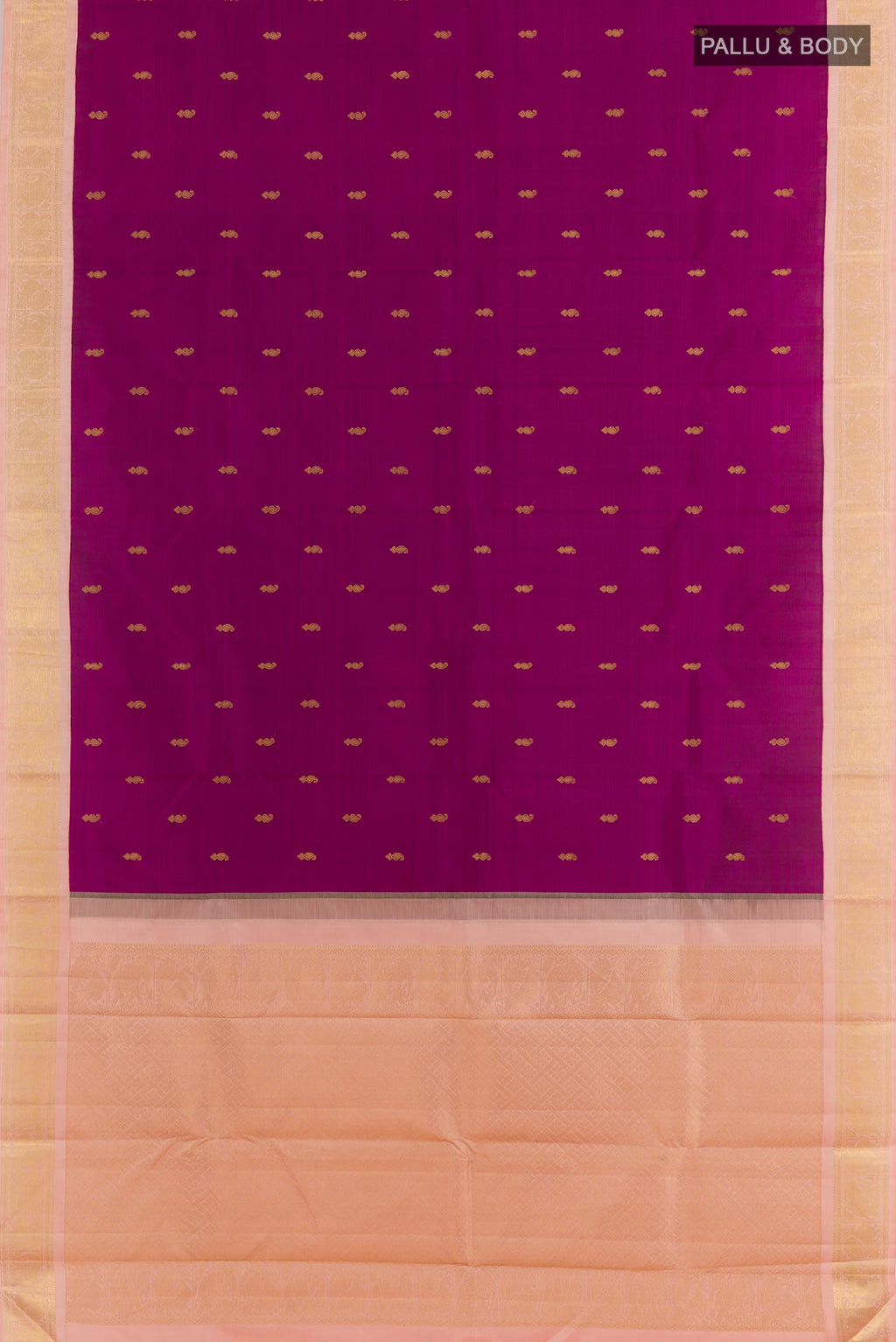 Flat view of Purple Kanjivaram Silk Saree with Zari Butta on the body and Zari Border. 