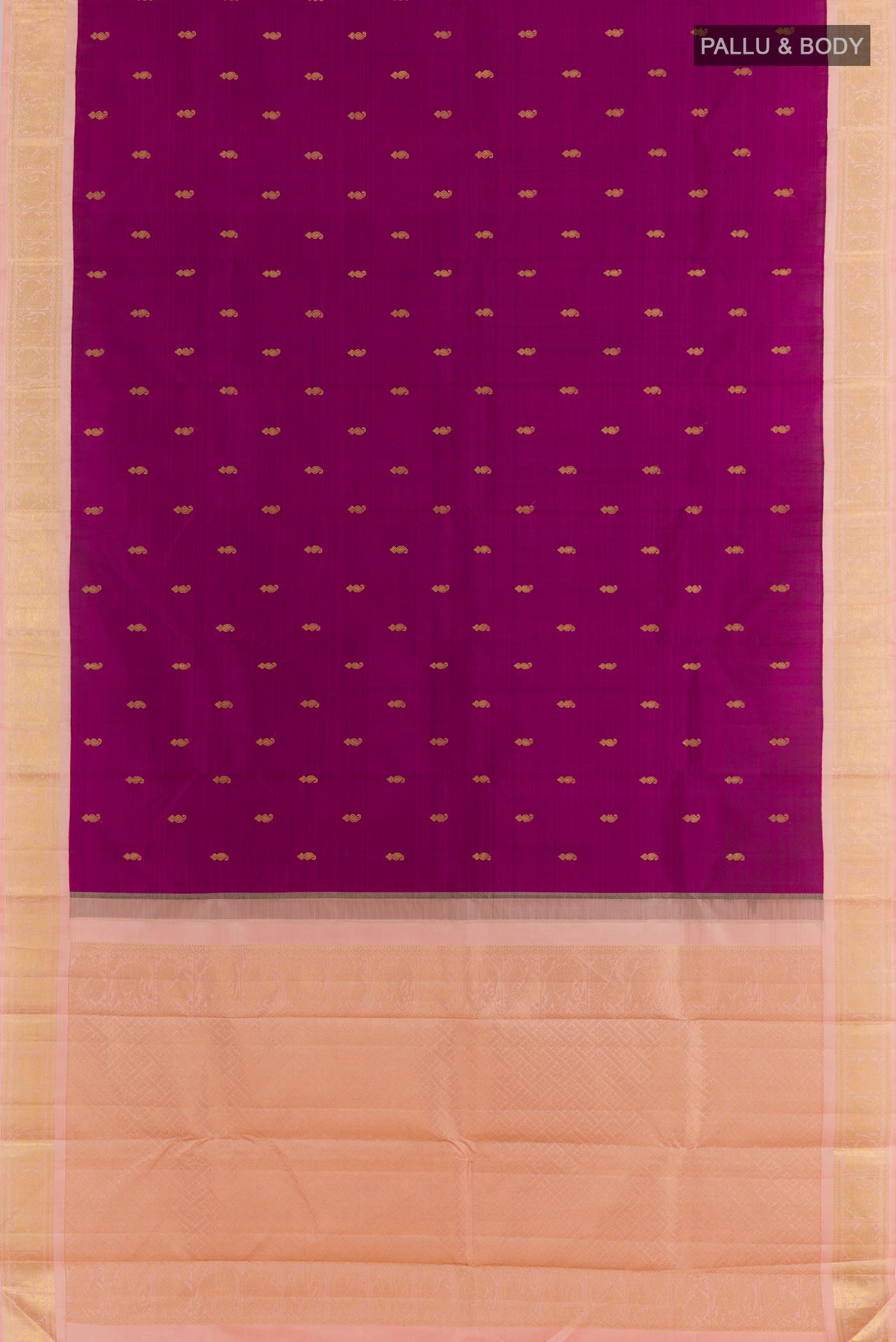 Flat view of Purple Kanjivaram Silk Saree with Zari Butta on the body and Zari Border. 