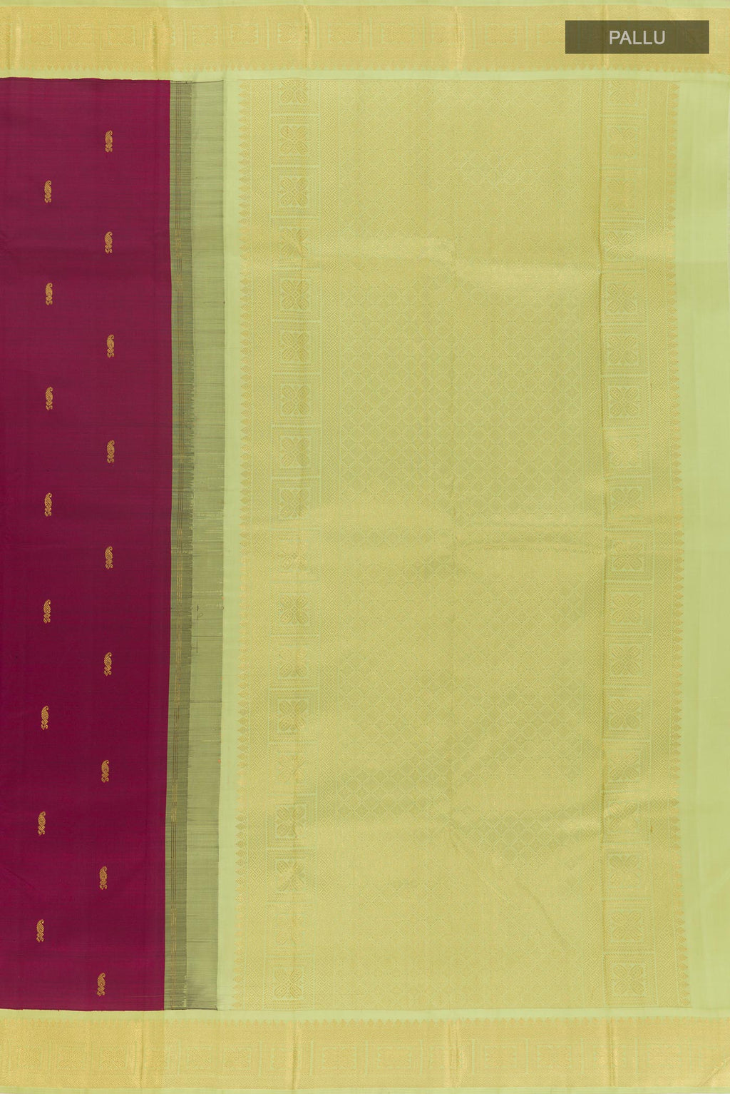 Close up image of the pallu of Purple Kanjivaram Silk Saree with Zari Butta on the body and Zari Border. 