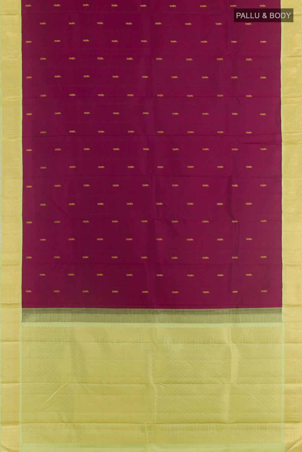 Flat view of Purple Kanjivaram Silk Saree with Zari Butta on the body and Zari Border. 