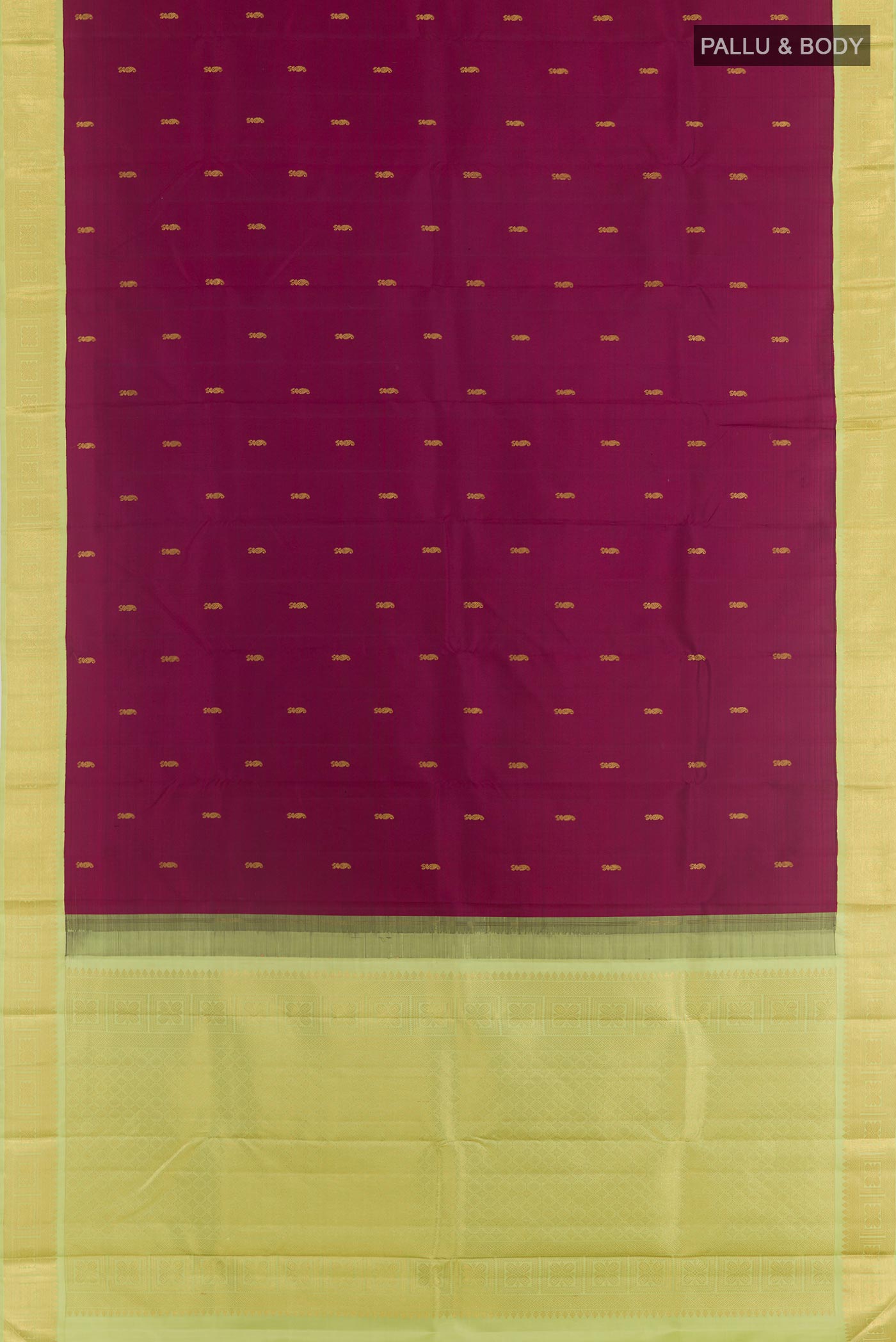 Flat view of Purple Kanjivaram Silk Saree with Zari Butta on the body and Zari Border. 