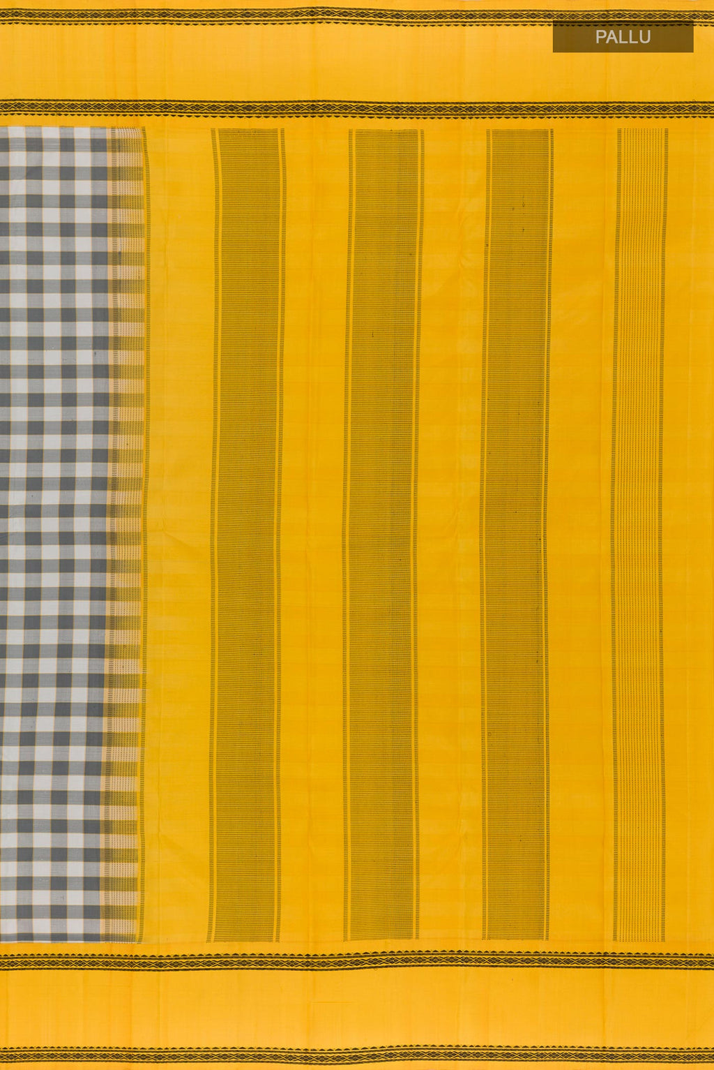 Close up image of the pallu of Off White Kanjivaram Silk Saree with Checked design on the body and Thread Border. 