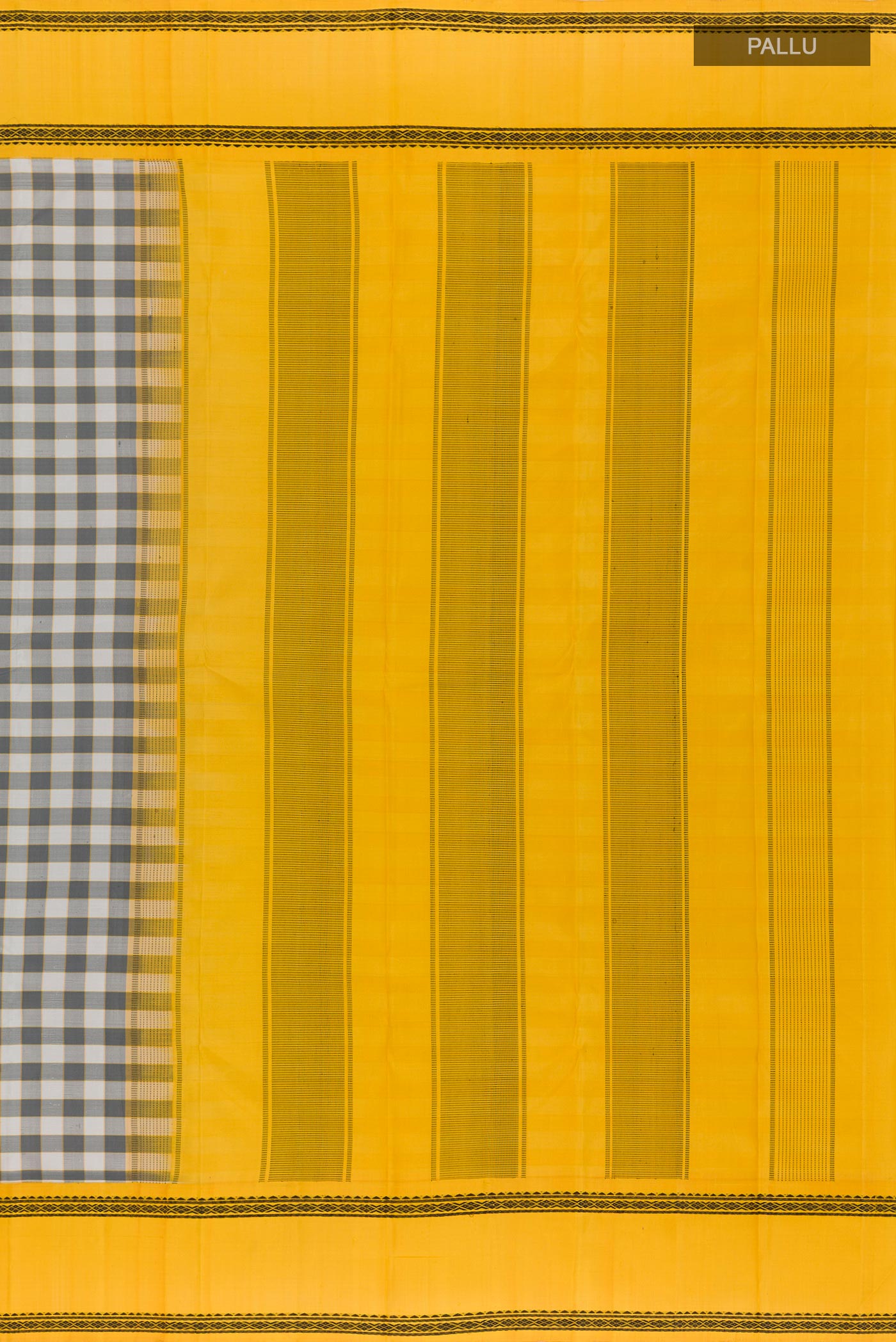 Close up image of the pallu of Off White Kanjivaram Silk Saree with Checked design on the body and Thread Border. 