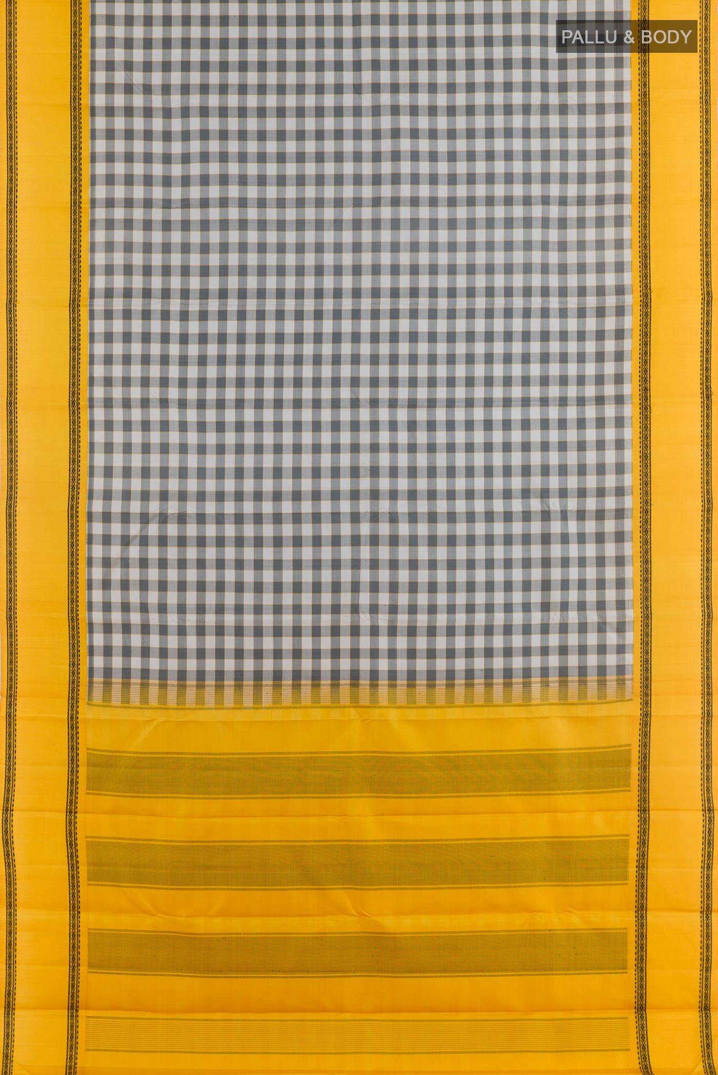 Flat view of Off White Kanjivaram Silk Saree with Checked design on the body and Thread Border. 
