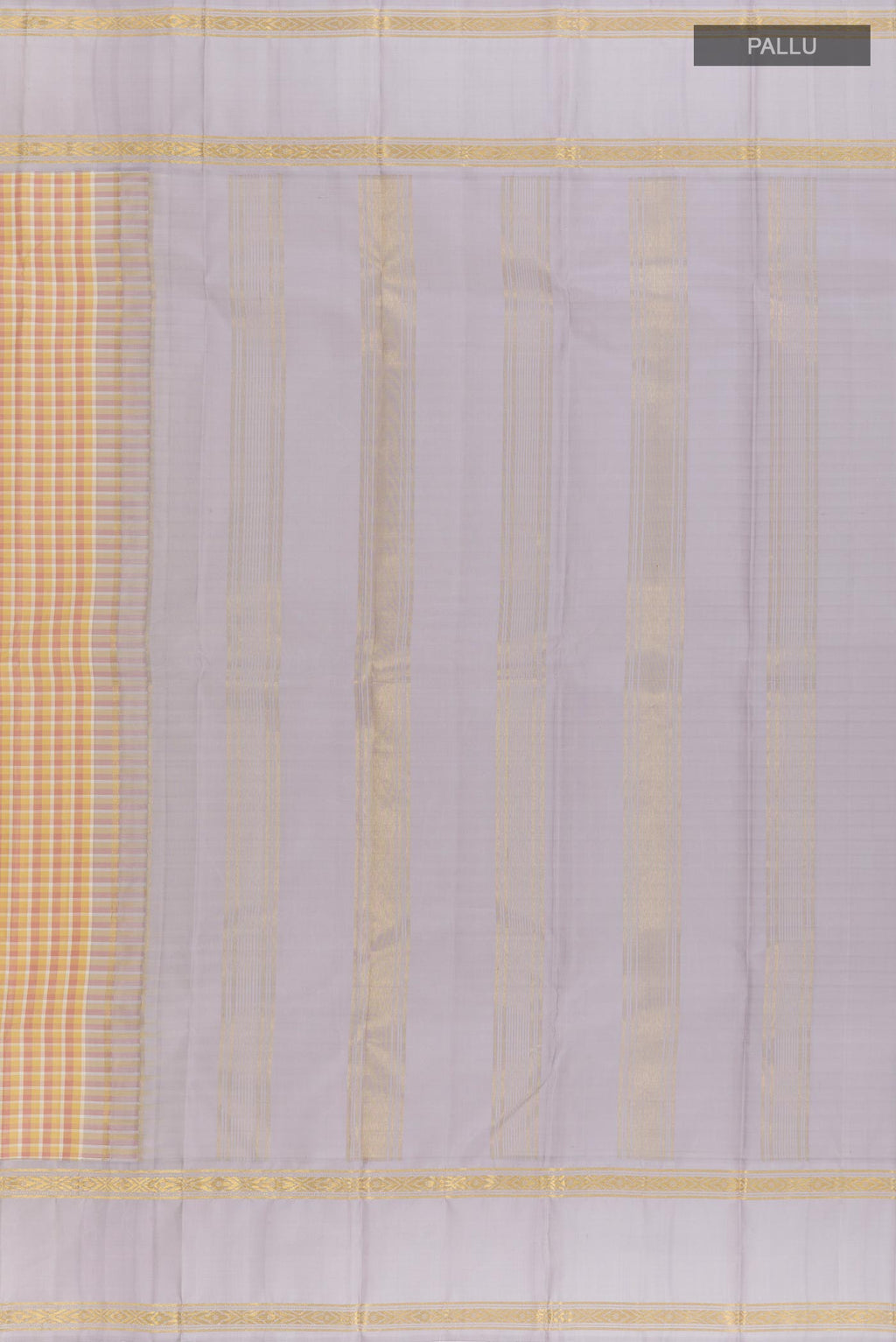 Close up image of the pallu of Yellow Kanjivaram Silk Saree with Checked design on the body and Zari Border. 
