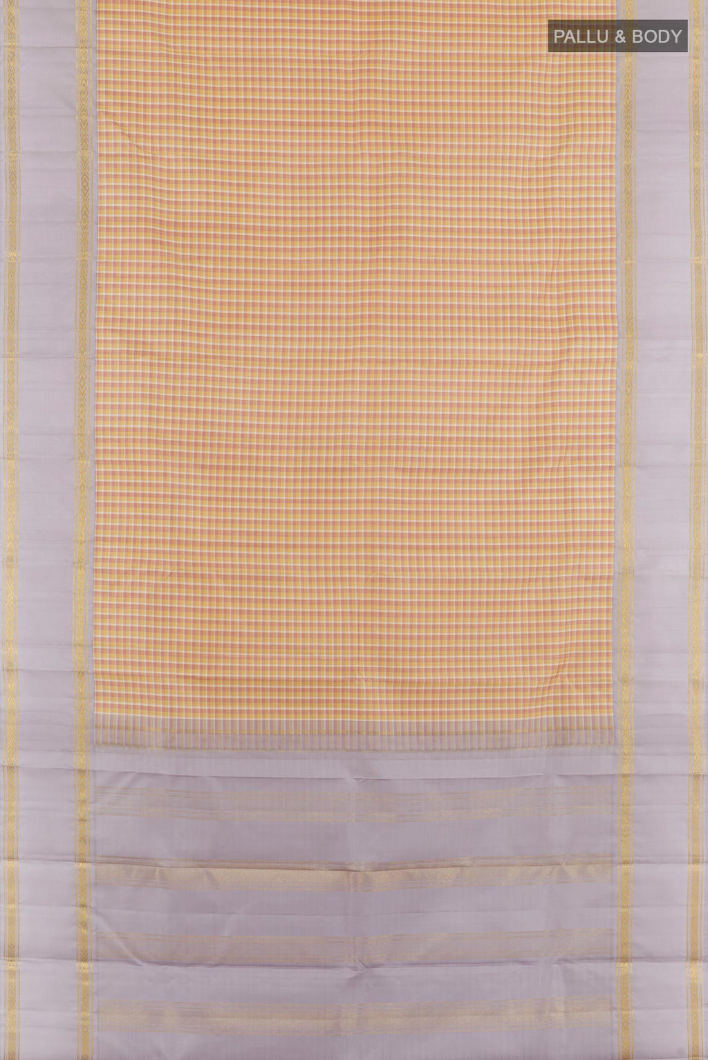 Flat view of Yellow Kanjivaram Silk Saree with Checked design on the body and Zari Border. 