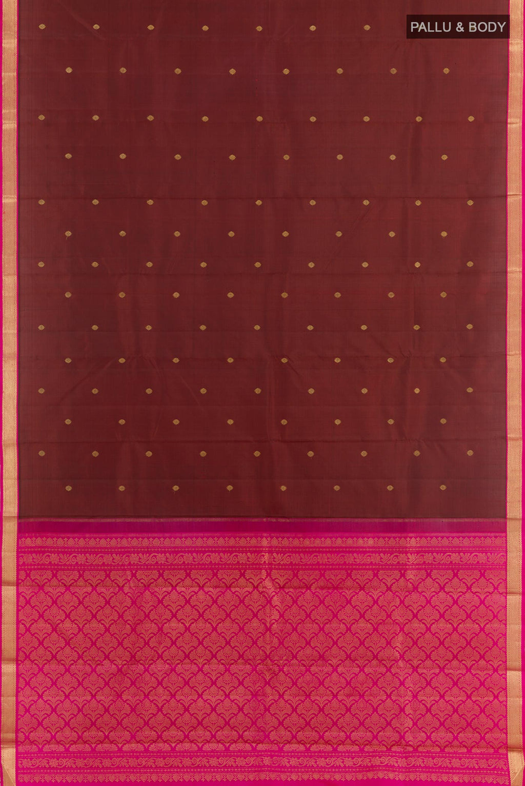 Flat view of Maroon Kanchipuram Silk Saree with Zari Butta on the body and Zari Border. 