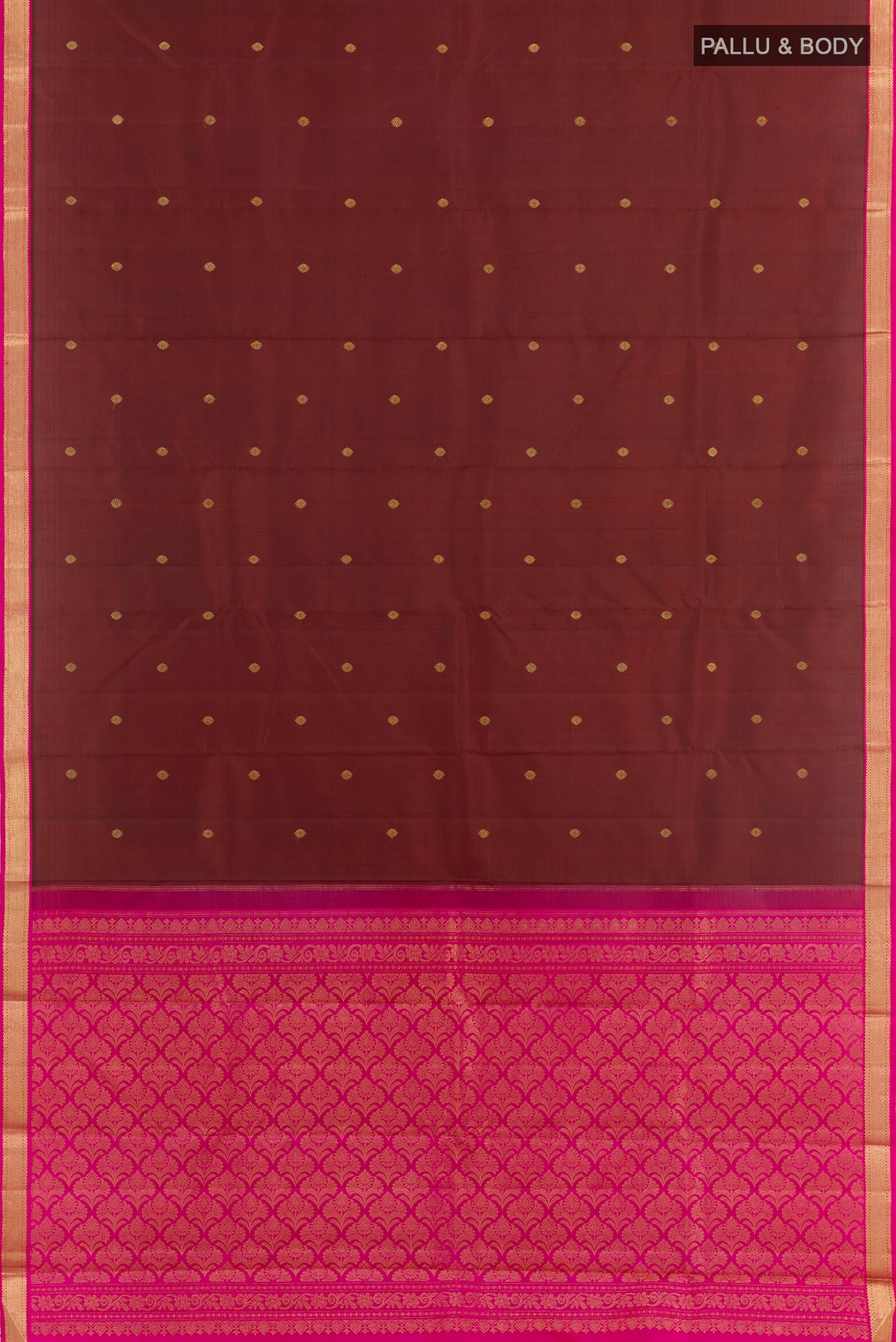 Flat view of Maroon Kanchipuram Silk Saree with Zari Butta on the body and Zari Border. 