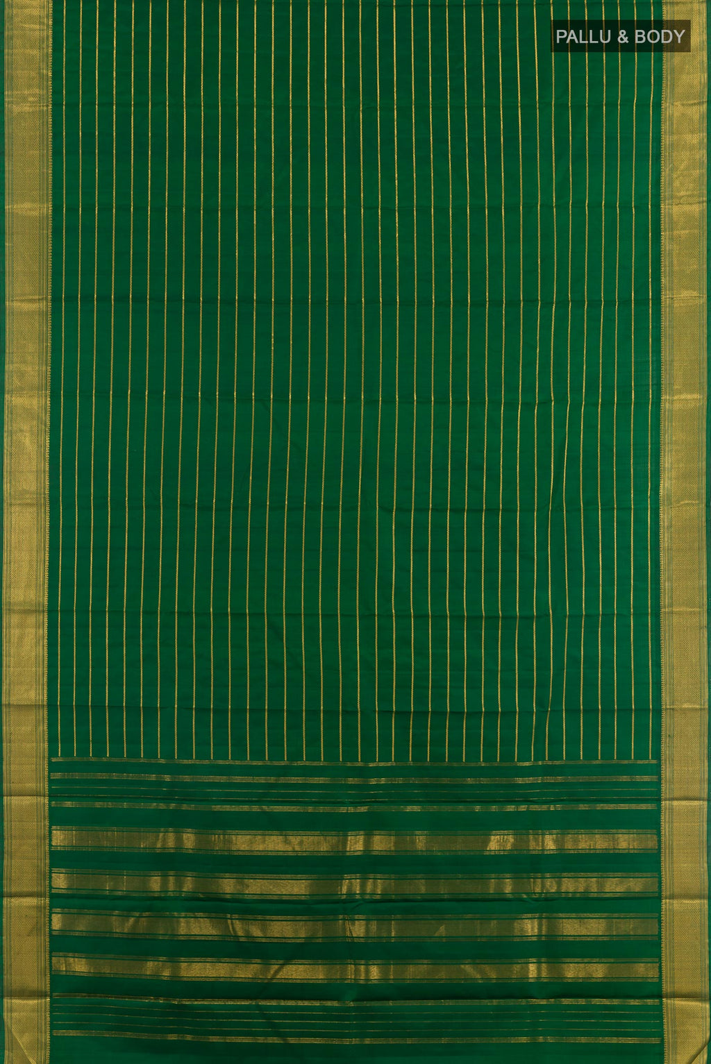 Flat view of Green Kanchipuram Silk Saree with Stripes on the body and Zari Border. 