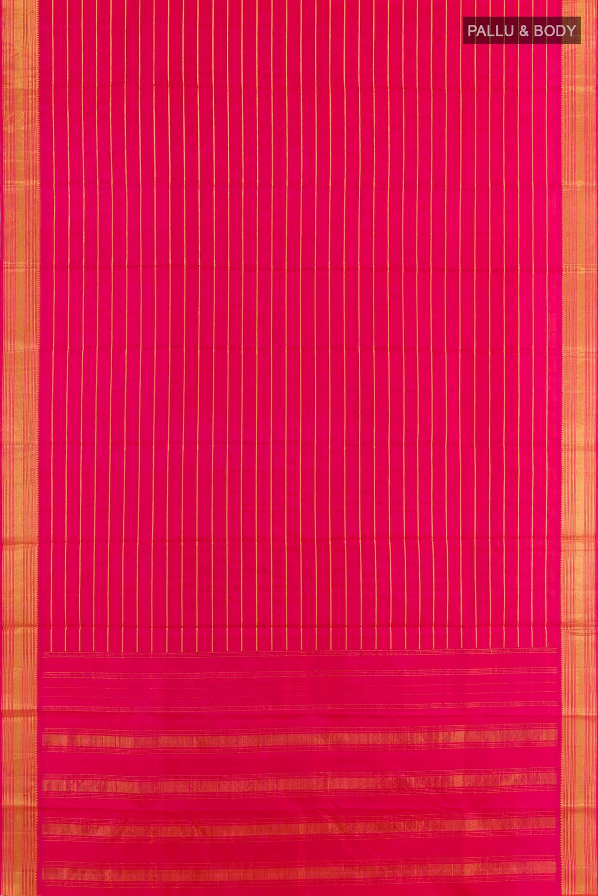 Flat view of Pink Kanchipuram Silk Saree with Stripes on the body and Zari Border. 