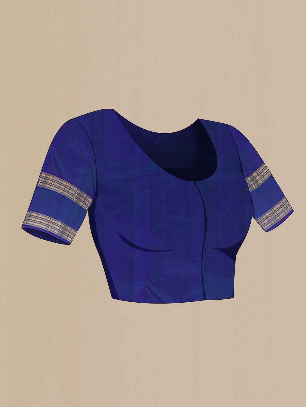 Close up image of the blouse of Blue Kanjivaram Silk Saree with Zari Butta on the body and Zari Border. 