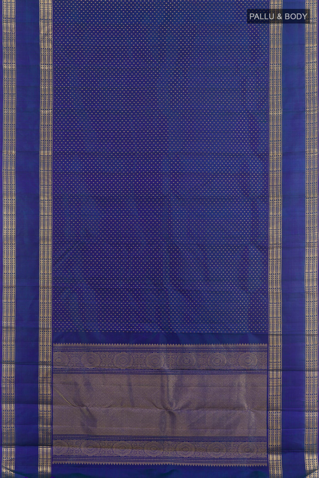 Flat view of Blue Kanjivaram Silk Saree with Zari Butta on the body and Zari Border. 